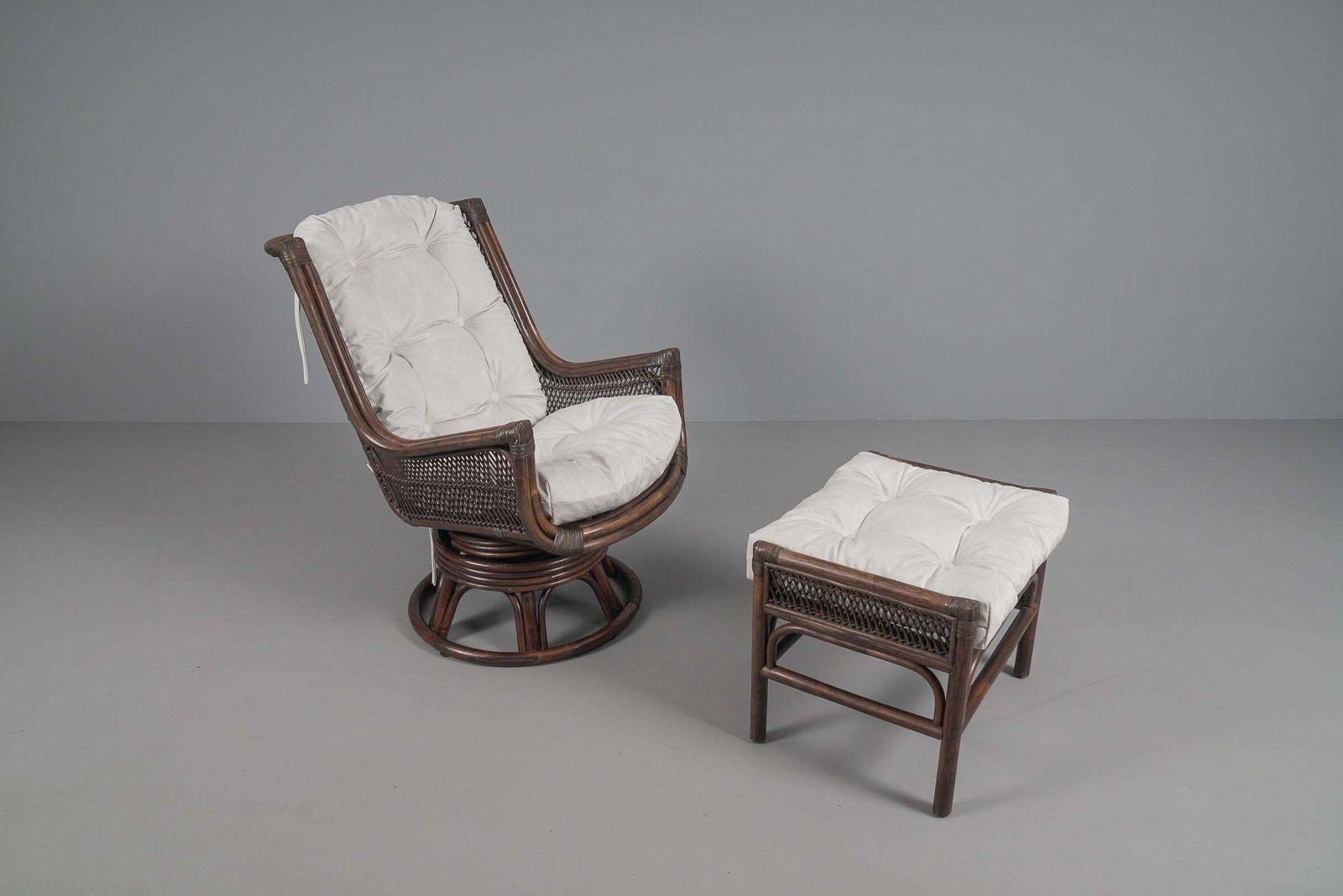 Furniture New Upholstered Rattan Seating Set, 4x Armchairs 1x Stool 1x Coffee Table, 1960s photo
