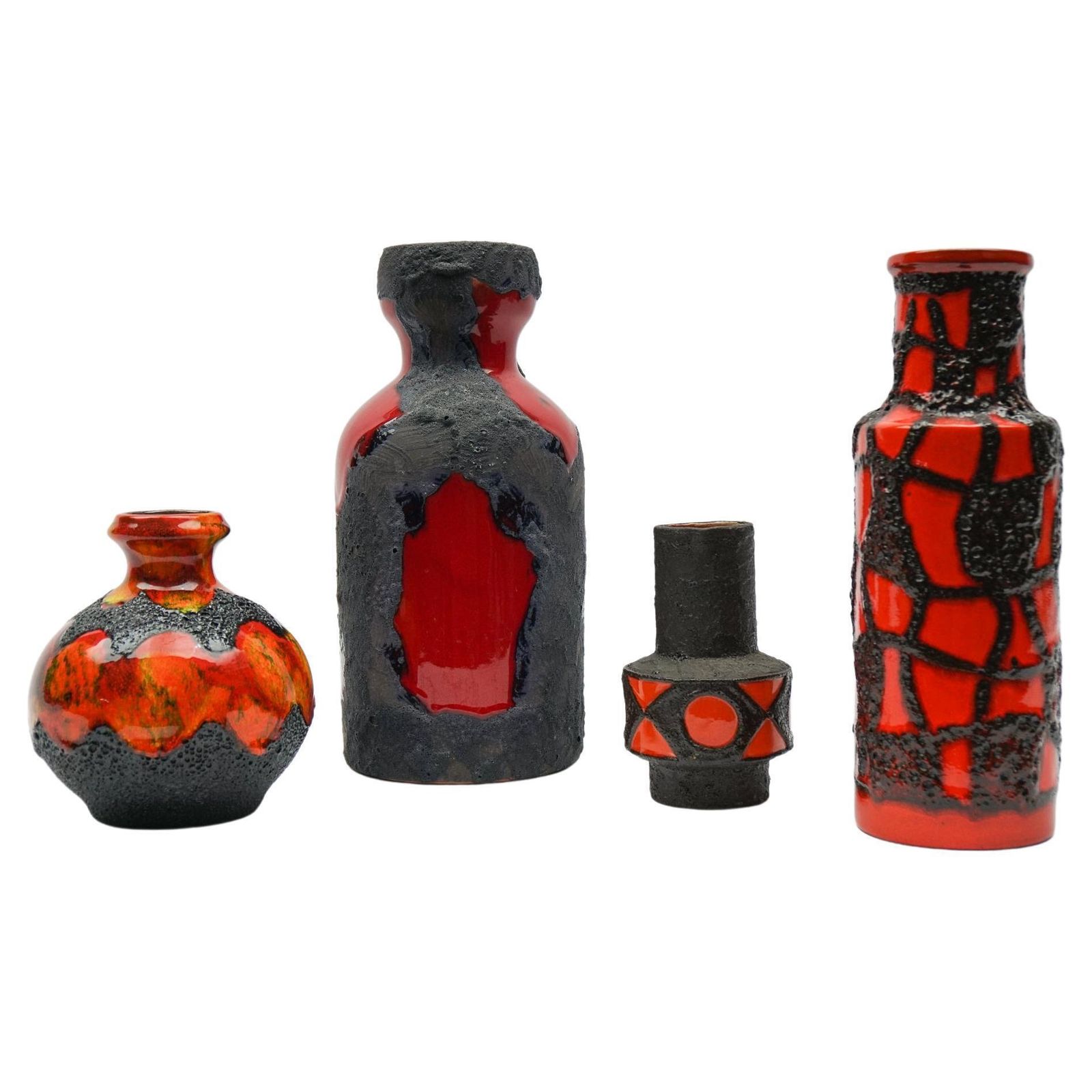 Set Of 4 Red And Orange Fat Lava Ceramic Vases, 1960s Germany