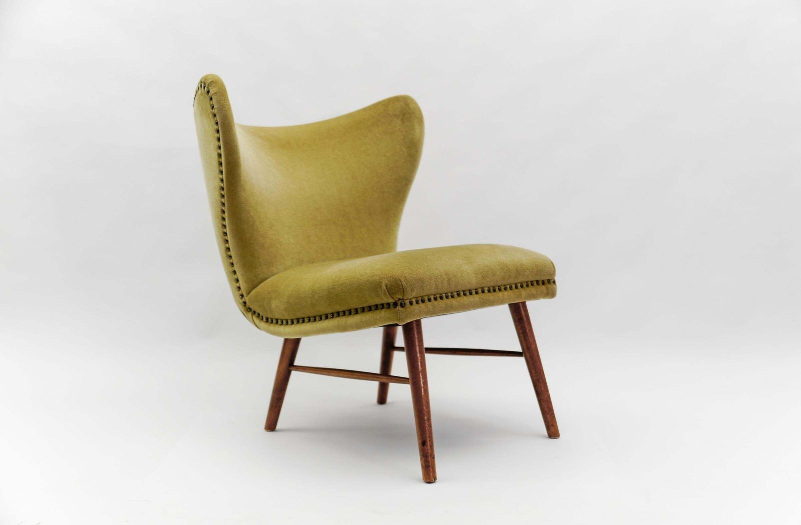 Lovely Mid Century Modern Green Italian Wood & Fabric Wingback Armchair, 1950s photo furniture
