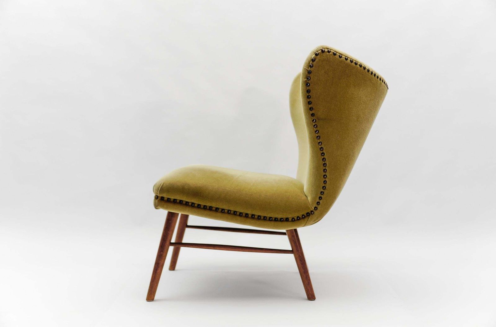 Lovely Mid Century Modern Green Italian Wood & Fabric Wingback Armchair, 1950s photo Furniture