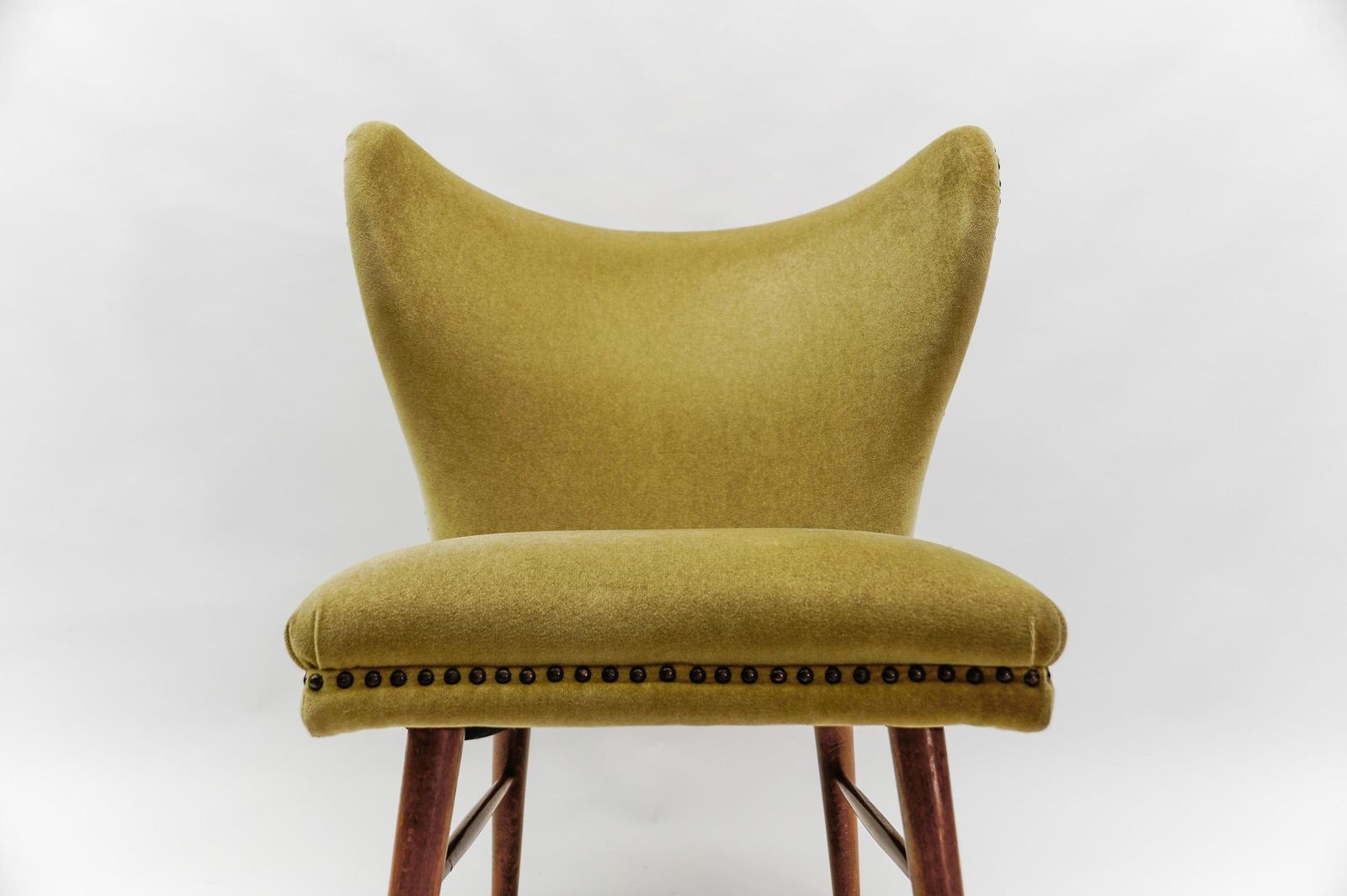 Lovely Mid Century Modern Green Italian Wood & Fabric Wingback Armchair, 1950s photo vintage