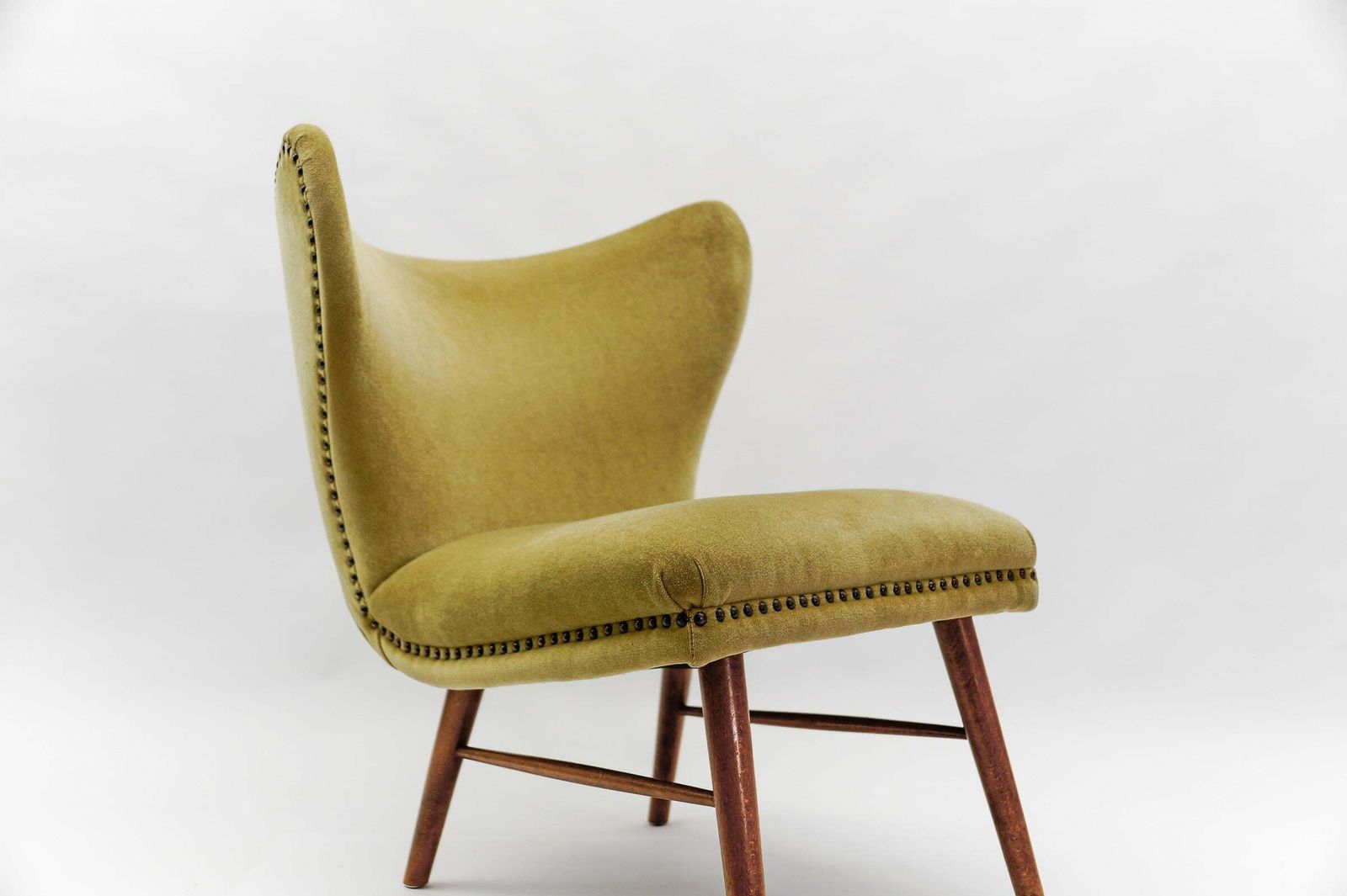 photo furniture Lovely Mid Century Modern Green Italian Wood & Fabric Wingback Armchair, 1950s