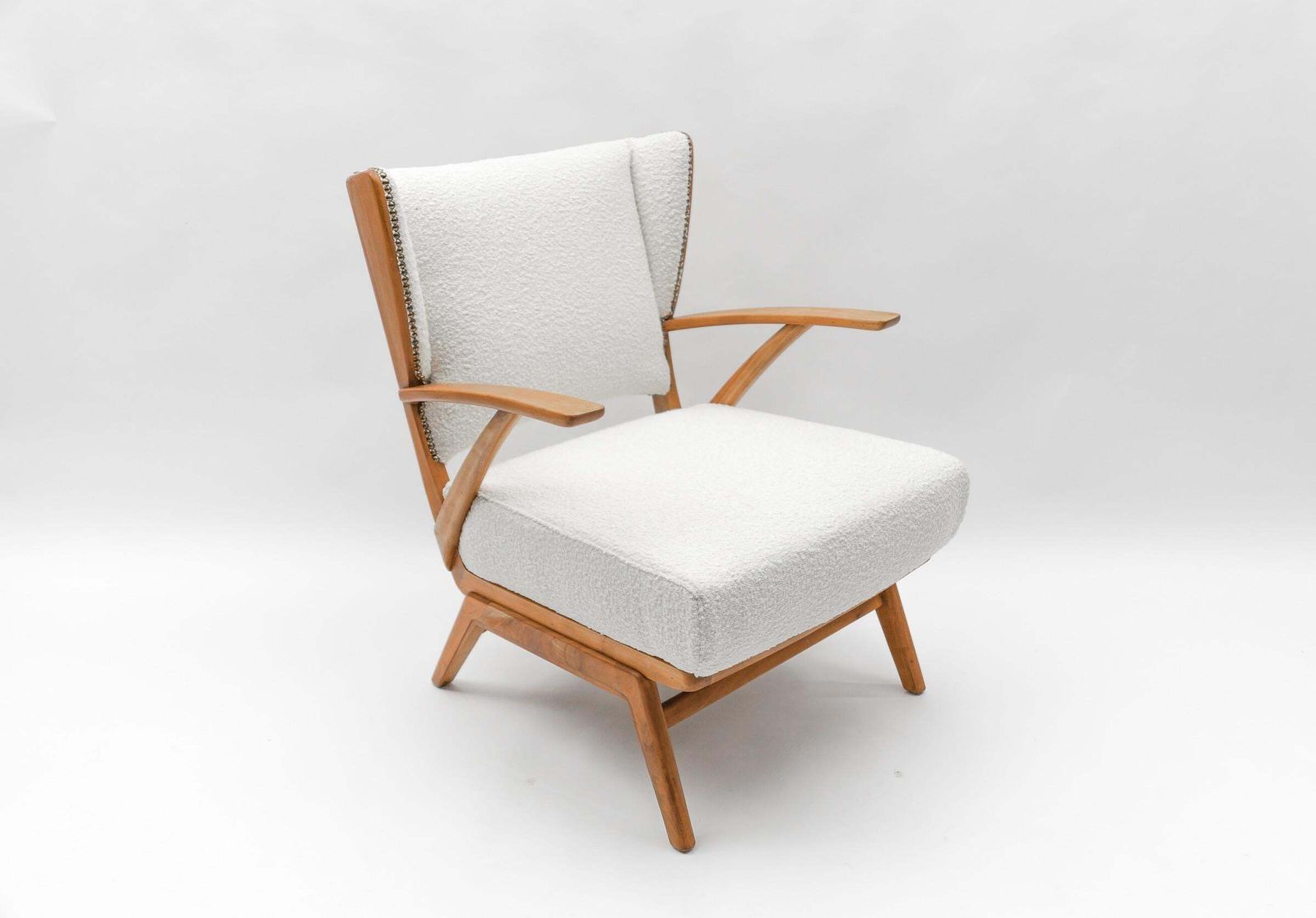White Boucle Fabric And Wooden Wingback Armchair, Italy, 1950s photo for sale
