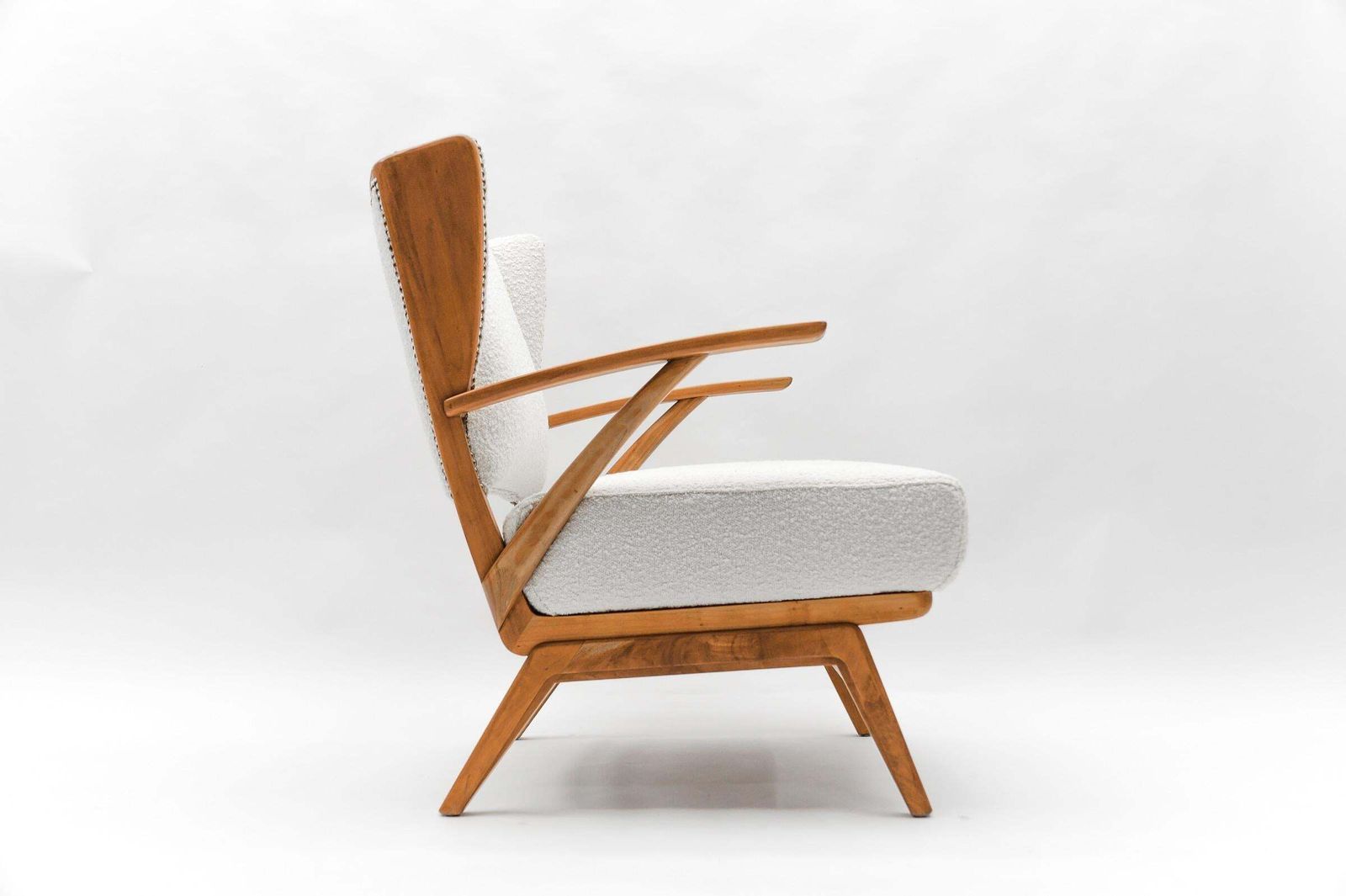 White Boucle Fabric And Wooden Wingback Armchair, Italy, 1950s photo 1571.0