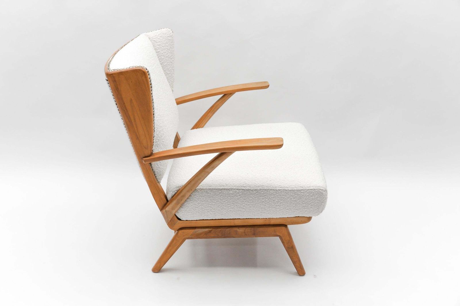 White Boucle Fabric And Wooden Wingback Armchair, Italy, 1950s photo vinterior
