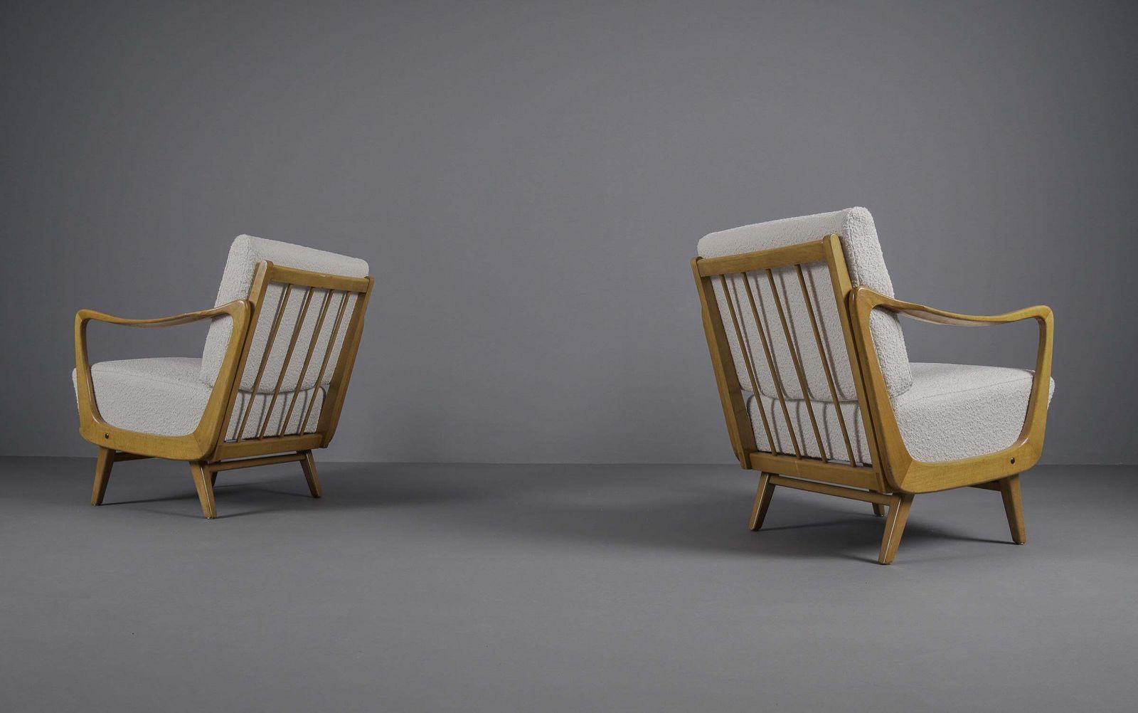 Pair Of Wooden Armchairs In White Boucle Fabric, 1950s photo vinterior