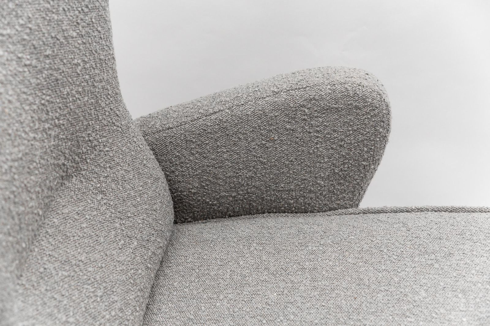 photo for sale Large Grey Boucle Fabric Wingback Armchair, Italy, 1950s