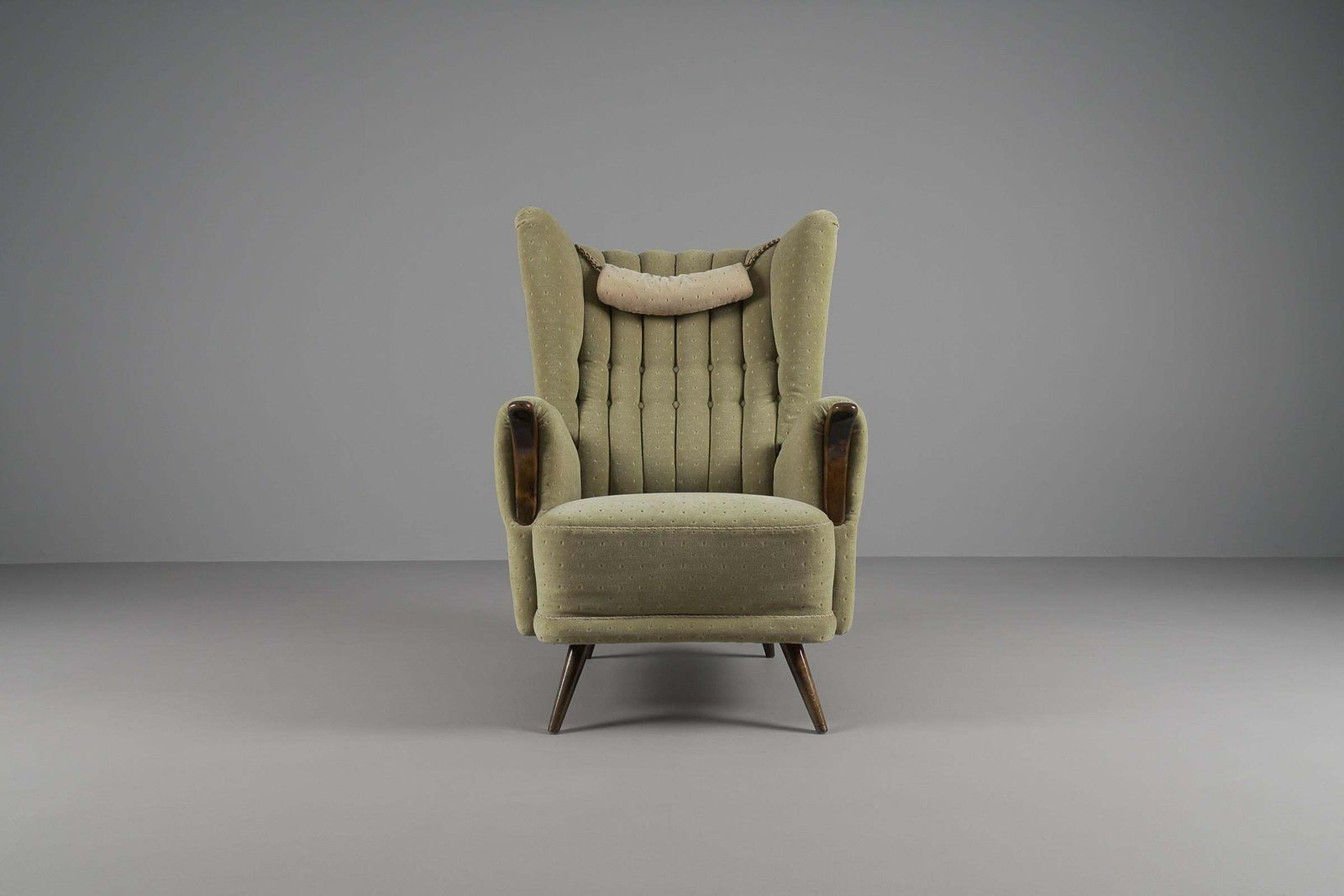 Large Green Italian Wood & Fabric Wingback Armchair, 1950s photo furniture