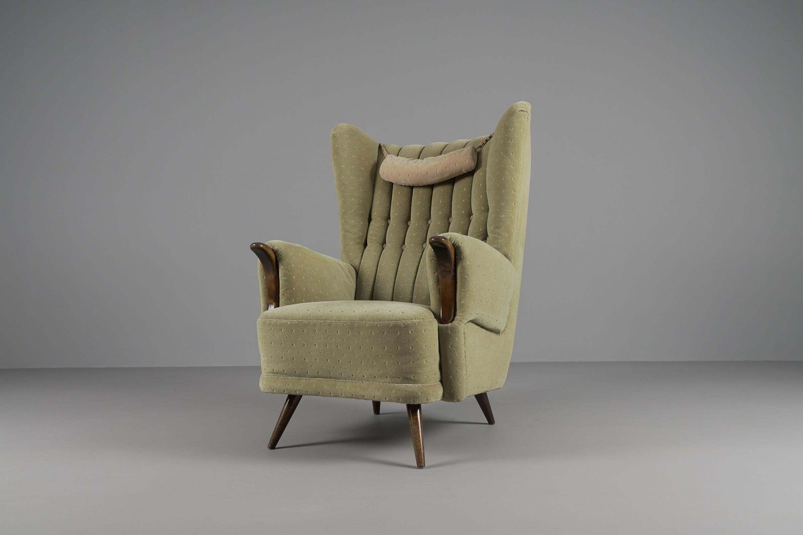 Large Green Italian Wood & Fabric Wingback Armchair, 1950s photo vinterior