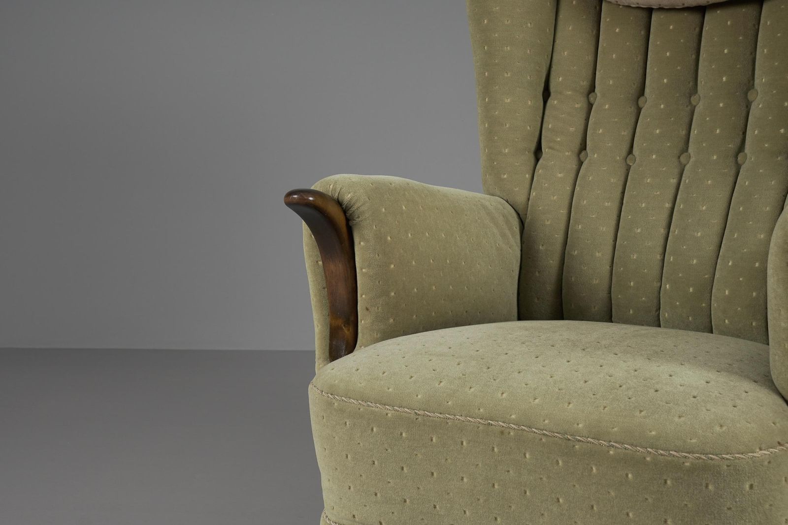 photo buy Large Green Italian Wood & Fabric Wingback Armchair, 1950s