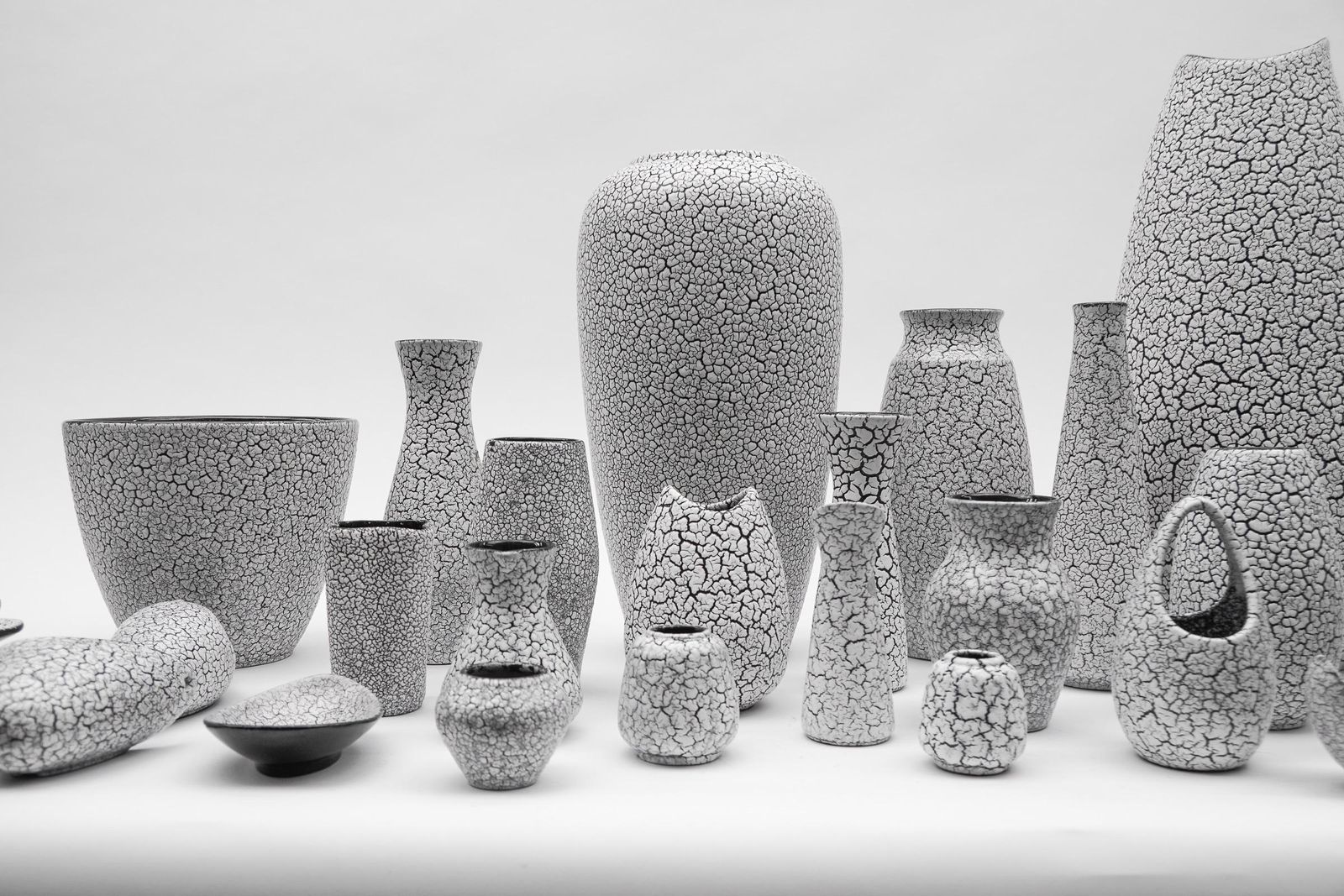 Awesome Set Of 47 Black & White Craquele Ceramic Vases By Jasba Keramik, Germany photo furniture