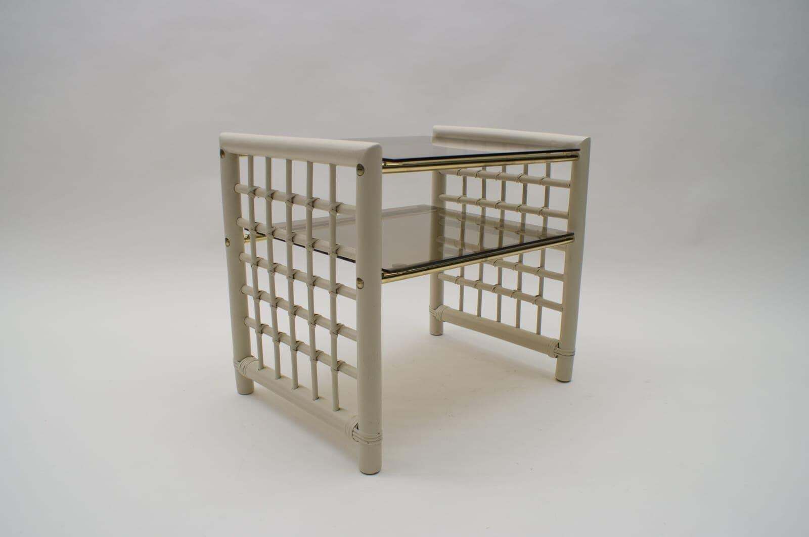Hollywood Regency Nightstand Made In Bamboo, Brass With Smoked Glass, 1970s photo furniture