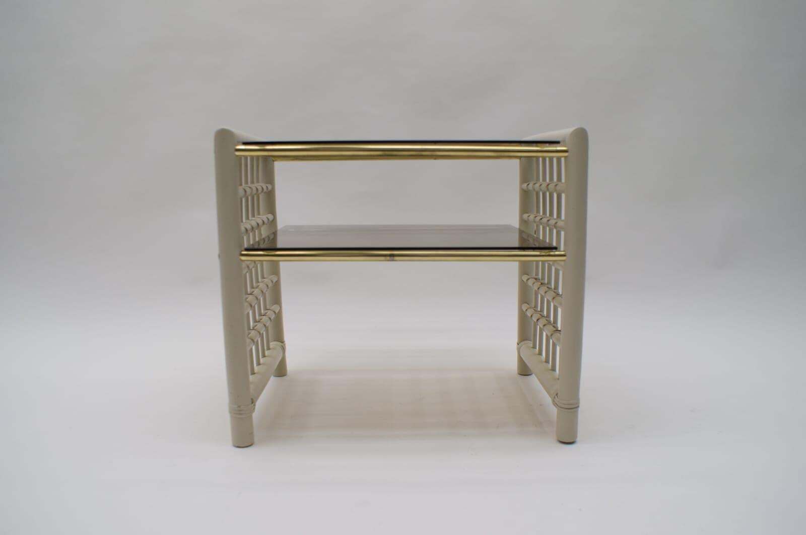 Hollywood Regency Nightstand Made In Bamboo, Brass With Smoked Glass, 1970s photo vinterior