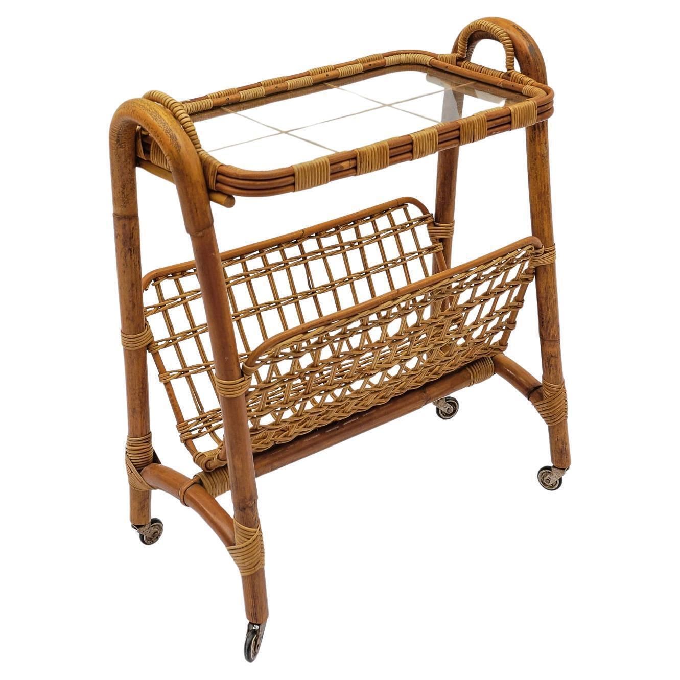 Italian Riviera Bamboo And Rattan Bar Cart Serving Trolley, 1950s