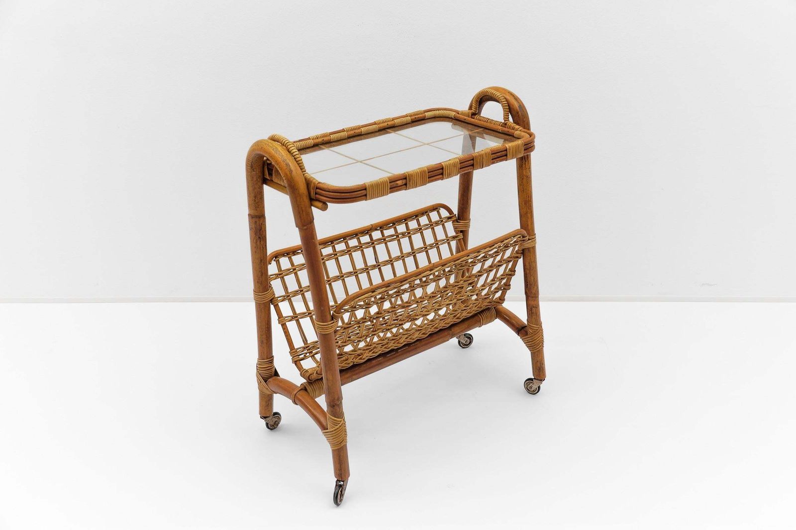Italian Riviera Bamboo And Rattan Bar Cart Serving Trolley, 1950s photo furniture