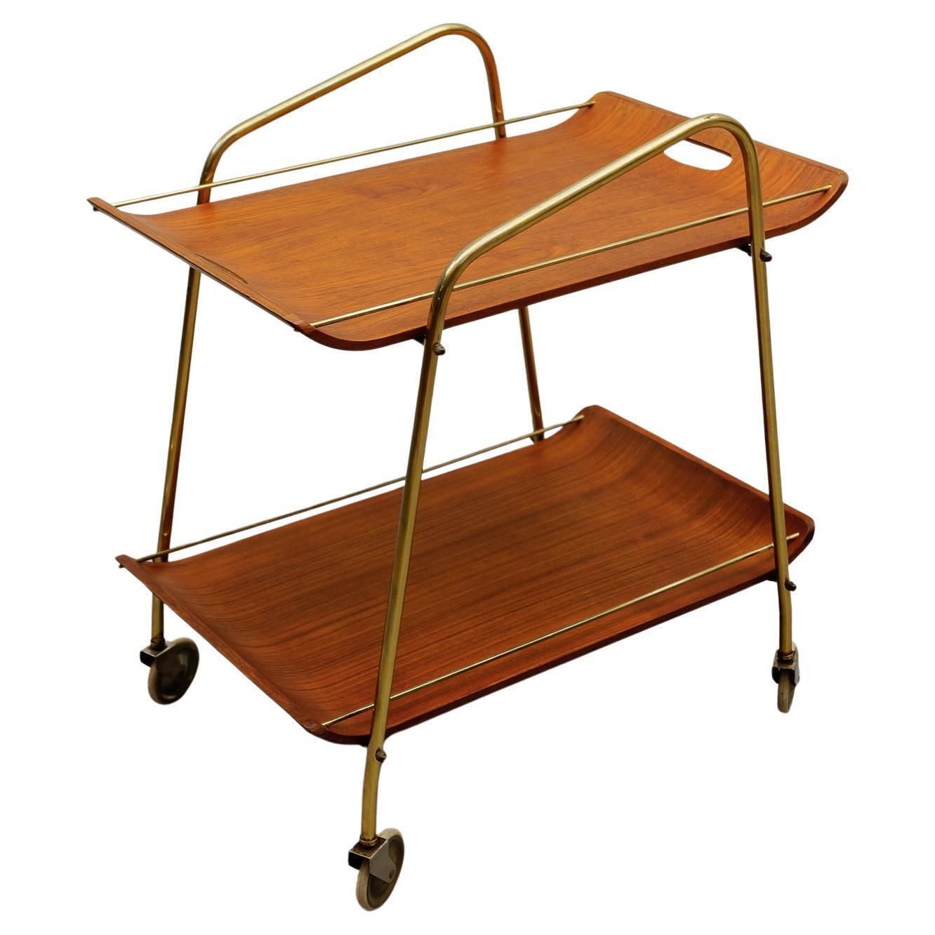 Mid Century Modern Serving Cart In Teak And Brass With Removable Tray, 1950s