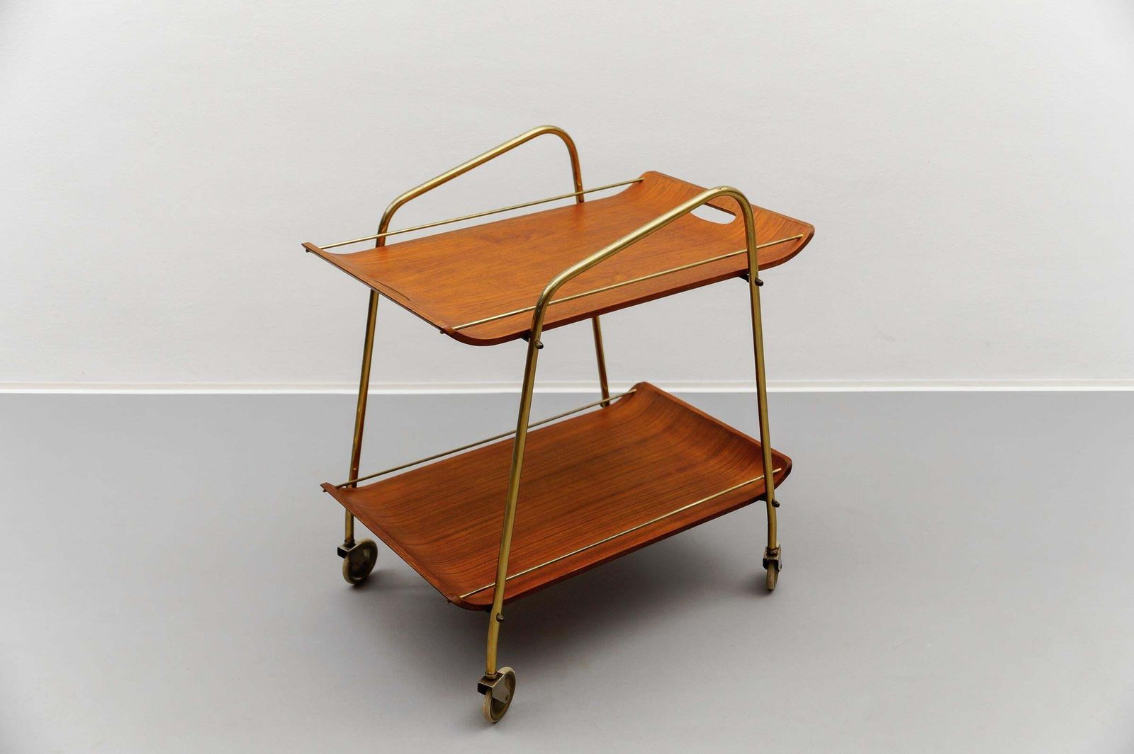 Mid Century Modern Serving Cart In Teak And Brass With Removable Tray, 1950s photo furniture
