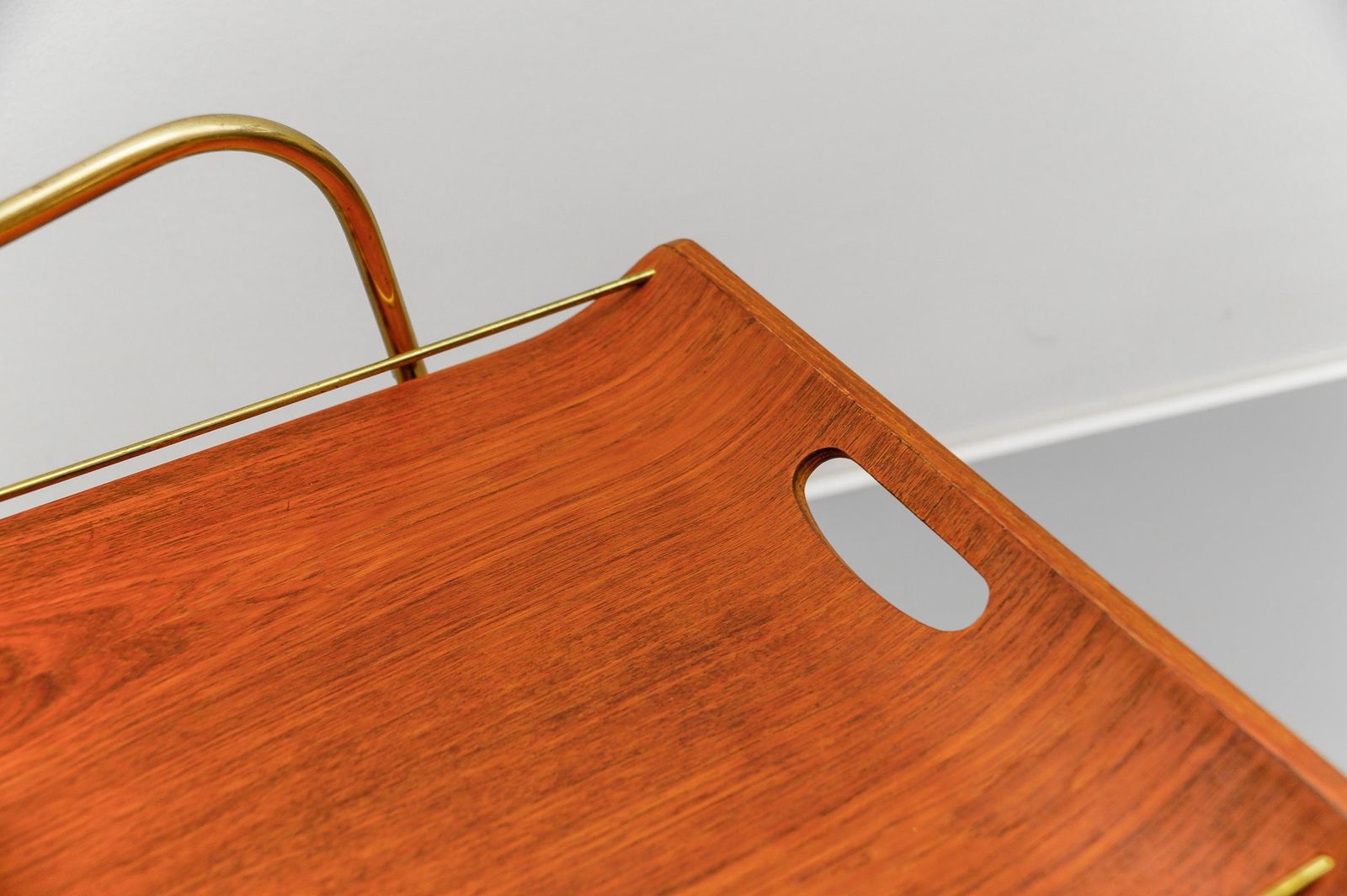 photo for sale Mid Century Modern Serving Cart In Teak And Brass With Removable Tray, 1950s