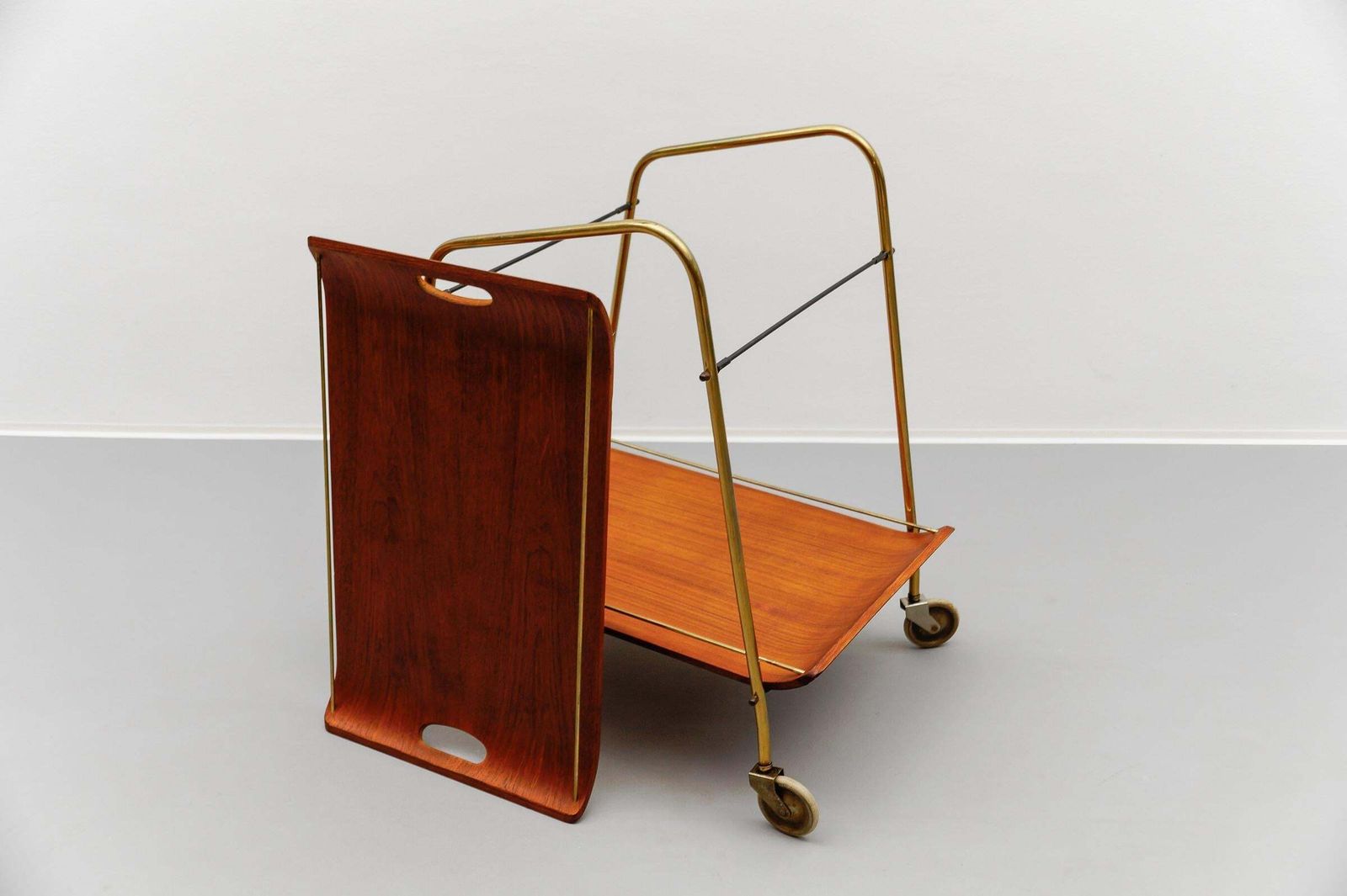photo buy Mid Century Modern Serving Cart In Teak And Brass With Removable Tray, 1950s