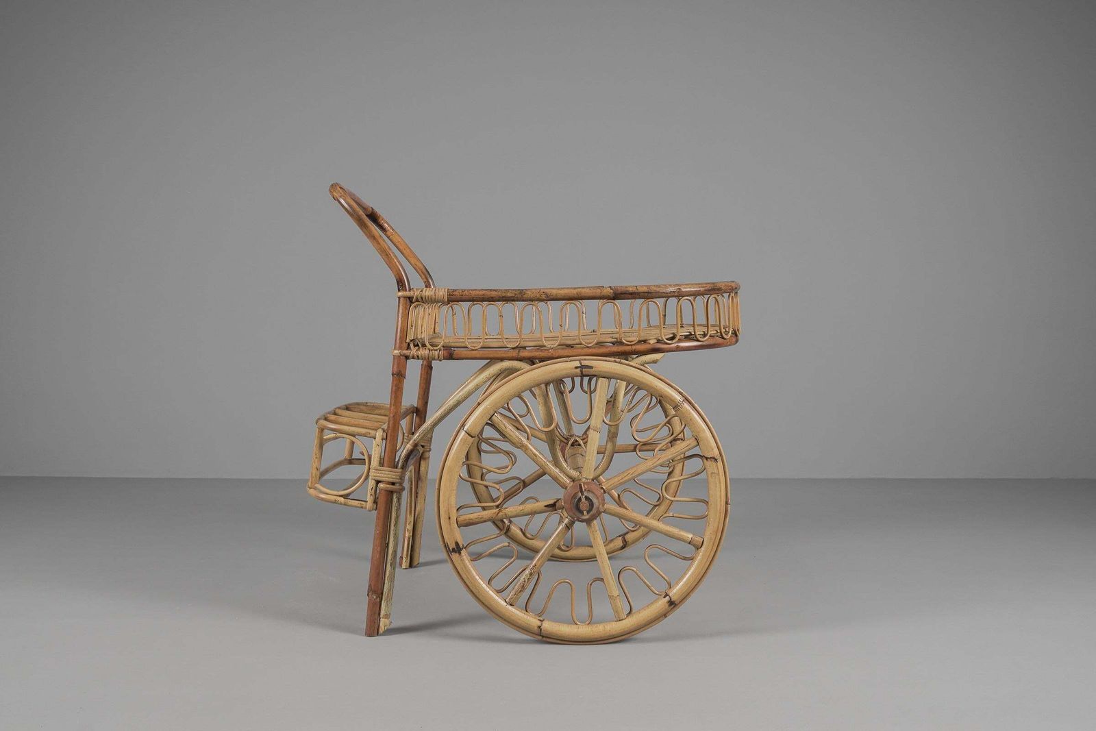 Italian Bamboo And Rattan Bar Cart Serving Trolley, 1950s photo Furniture