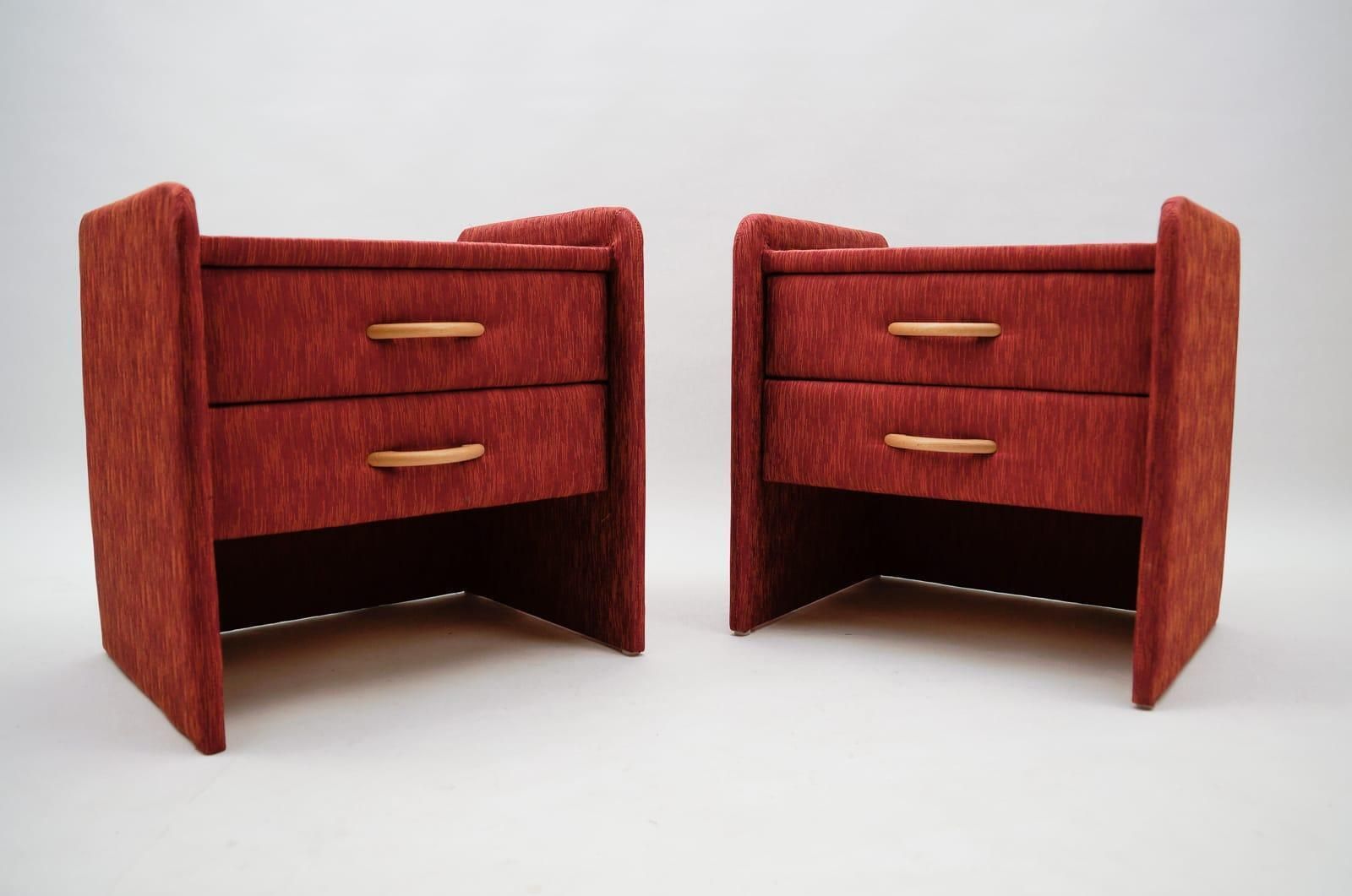 Two Fabric Upholstered Bedside Cabinets In Light Cherry Red And Glass, 1980s photo for sale