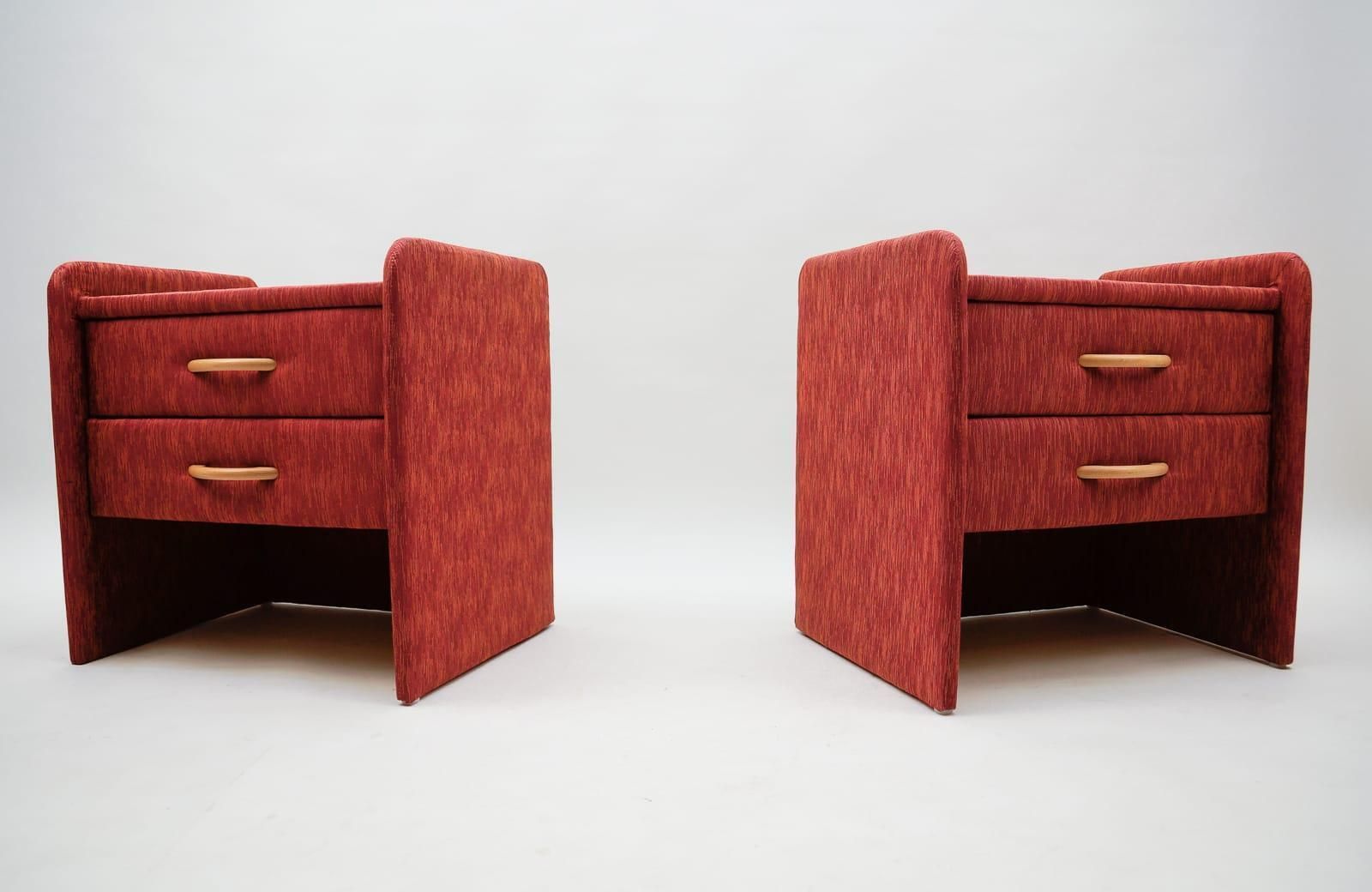 Two Fabric Upholstered Bedside Cabinets In Light Cherry Red And Glass, 1980s photo Furniture