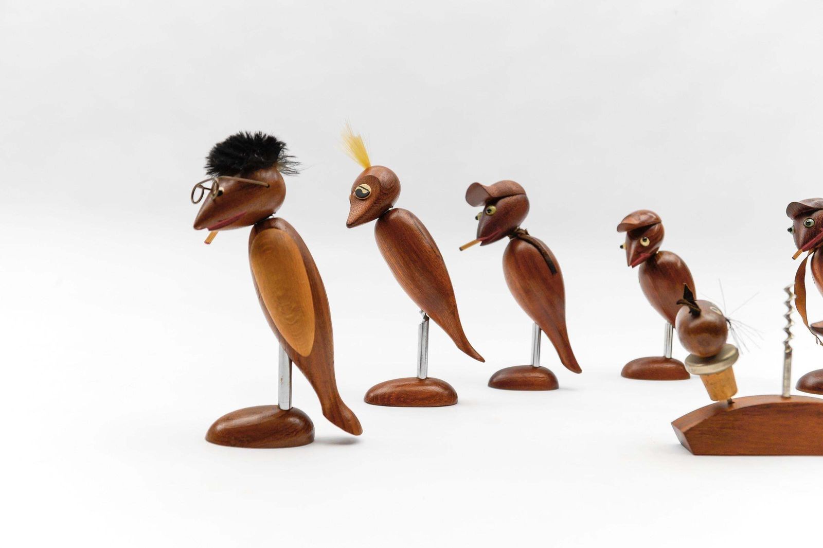 Lovely Set Of 7 Scandinavian Wooden Woodpecker Corkscrews, 1960s photo vinterior