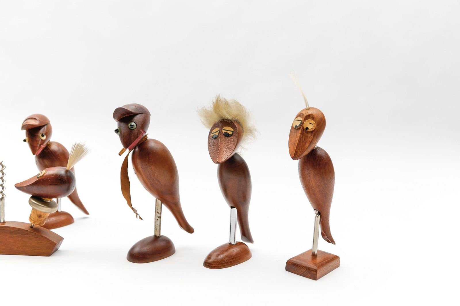 Lovely Set Of 7 Scandinavian Wooden Woodpecker Corkscrews, 1960s photo vintage