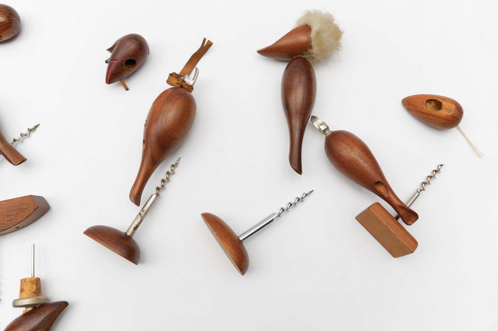 photo buy Lovely Set Of 7 Scandinavian Wooden Woodpecker Corkscrews, 1960s