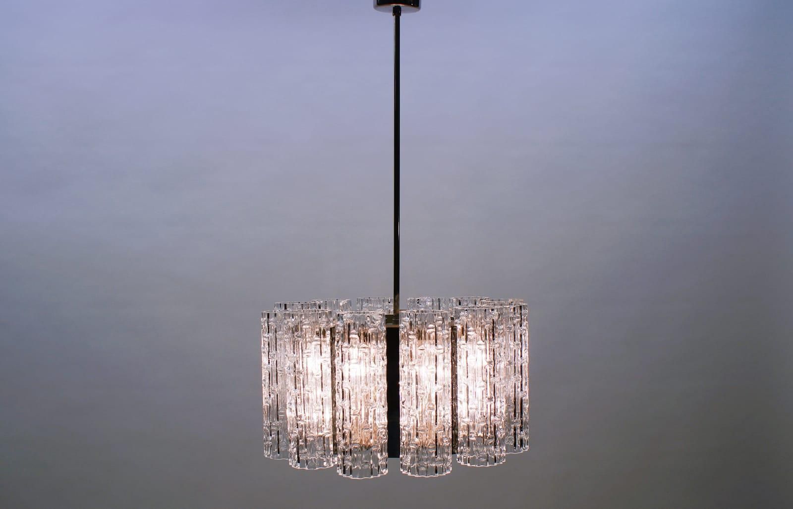 Ceiling Lamp With 12 Textured Glass Shades, Kaiser Leuchten Germany, 1960s photo for sale
