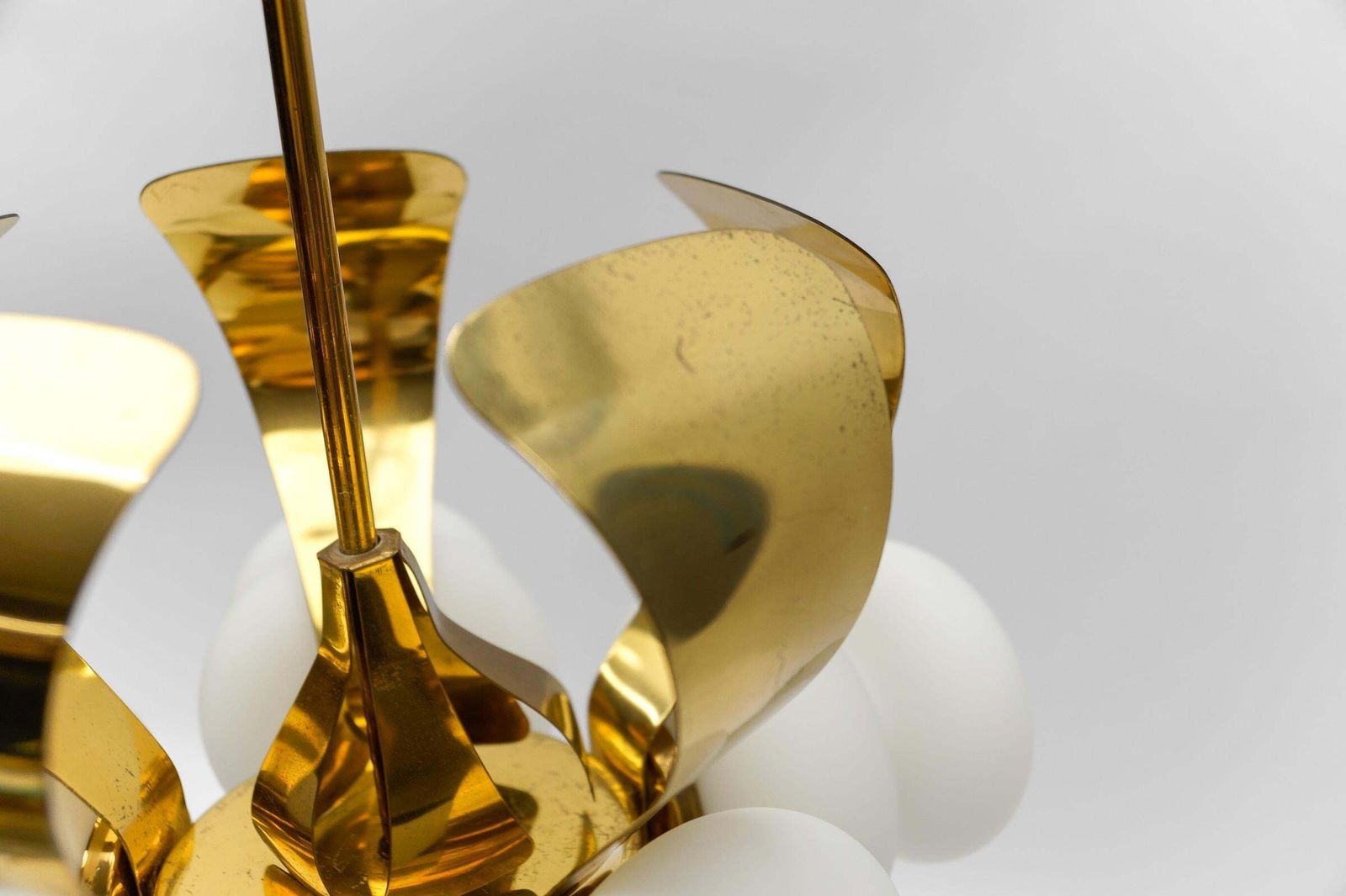 Lighting Very Rare Mid Century Modern 5 Arm Orbit Lamp In Gold And Opaline Glass, 1960s photo