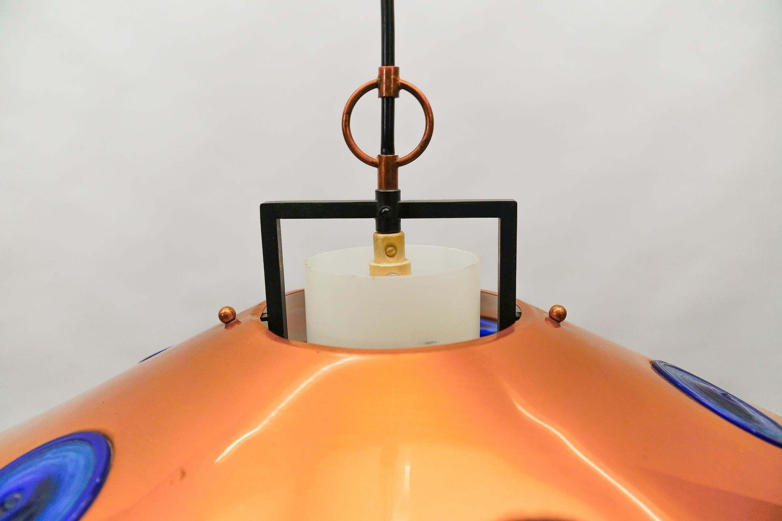 Lighting Mid Century Modern Opal Glass Lamp With Copper Shade And Copper Fixture, 1950s photo
