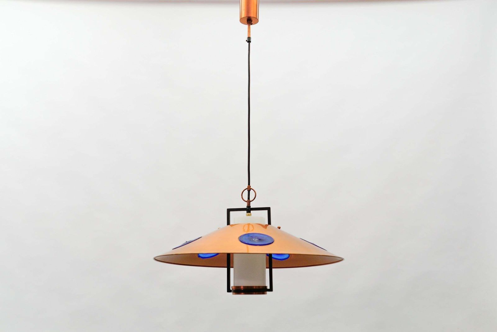 photo vinterior Mid Century Modern Opal Glass Lamp With Copper Shade And Copper Fixture, 1950s