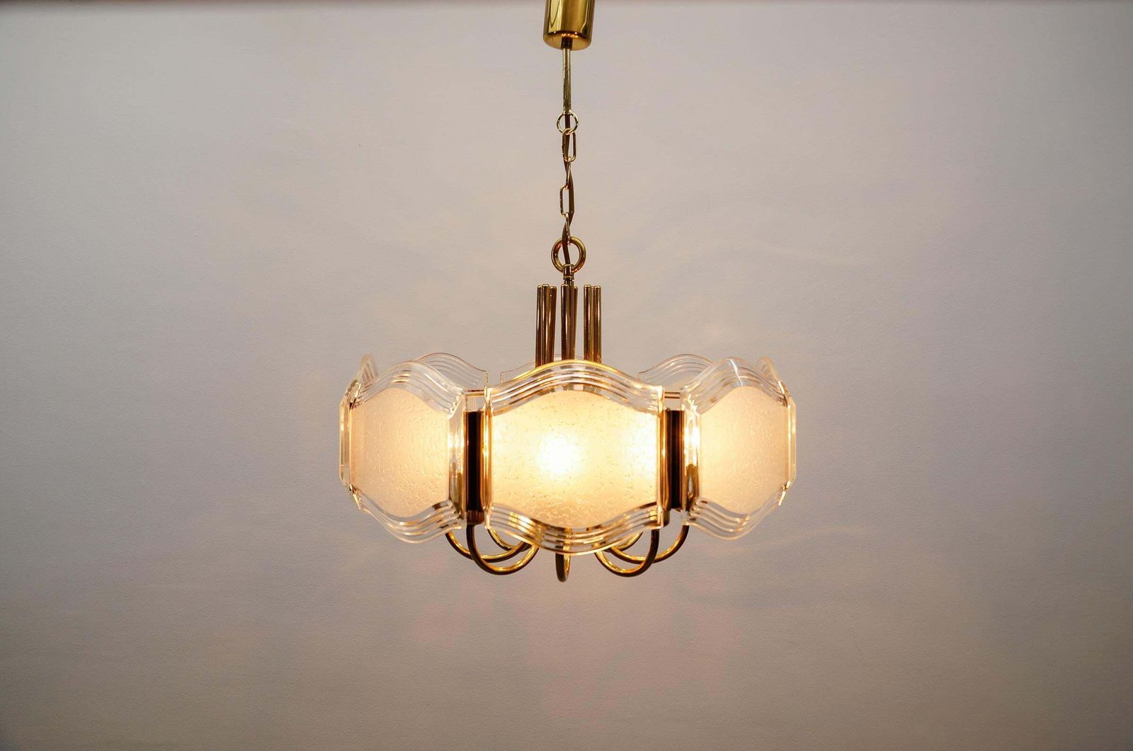 Elegant Brass And Glass Chandelier / Ceiling Lamp, Germany 1960s photo for sale