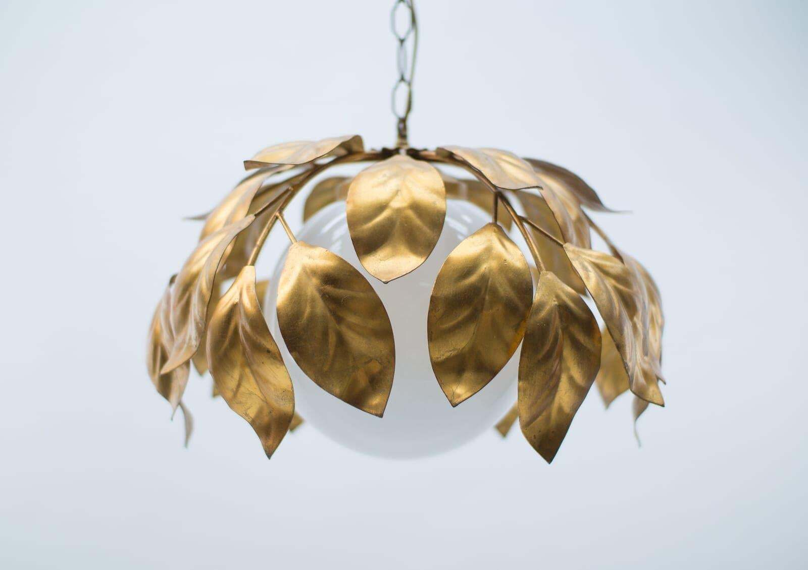 Nice Gilded Florentine Ceiling Lamp With Opaline Glass Globe Shade, Italy, 1960s photo for sale