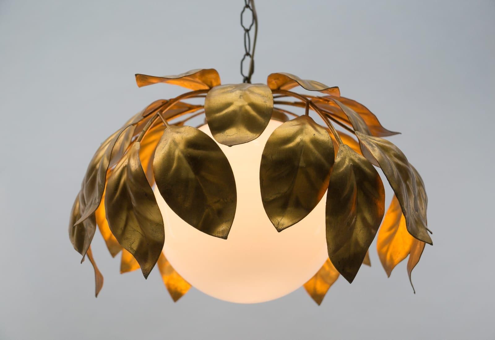 Nice Gilded Florentine Ceiling Lamp With Opaline Glass Globe Shade, Italy, 1960s photo vinterior