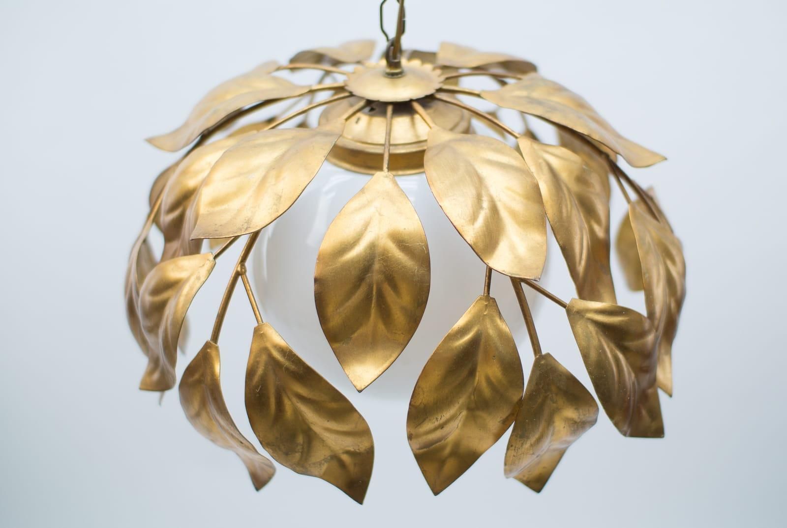 Nice Gilded Florentine Ceiling Lamp With Opaline Glass Globe Shade, Italy, 1960s photo buy