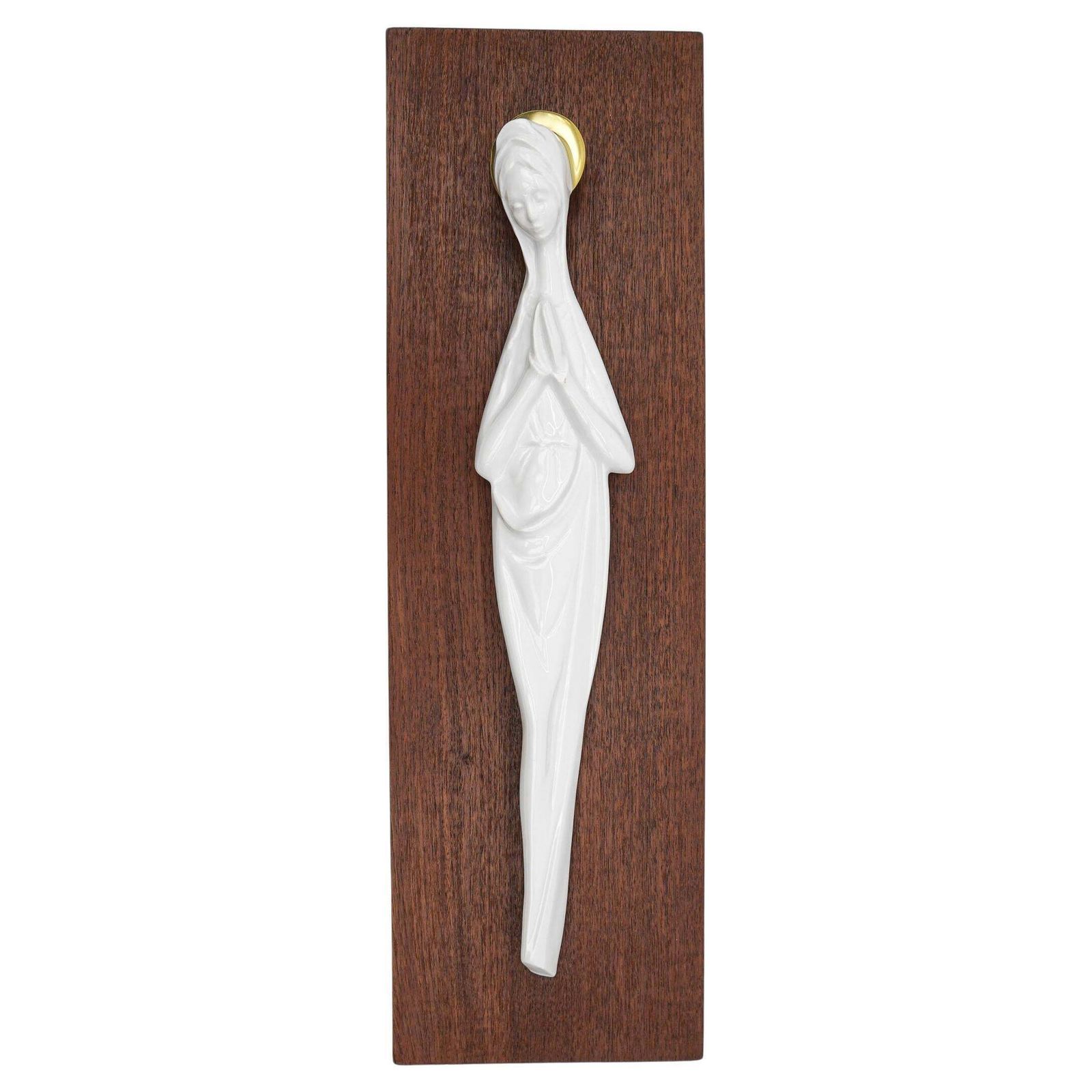 Scandinavian White And Molded Porcelain Madonna On Teak Panel, 1960s