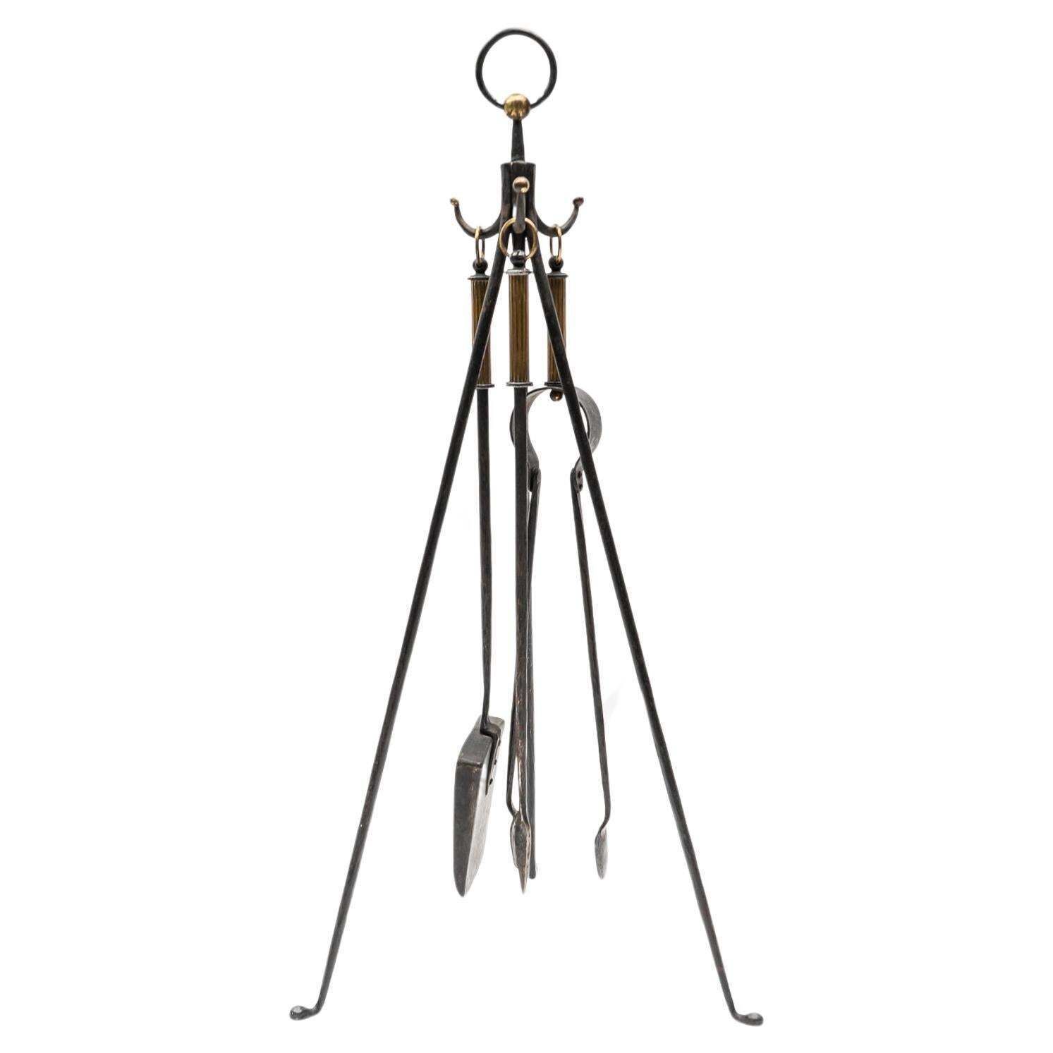 Hand Forged Tripod Iron And Brass Stand With Fireplace Tools, Austria, 1950s
