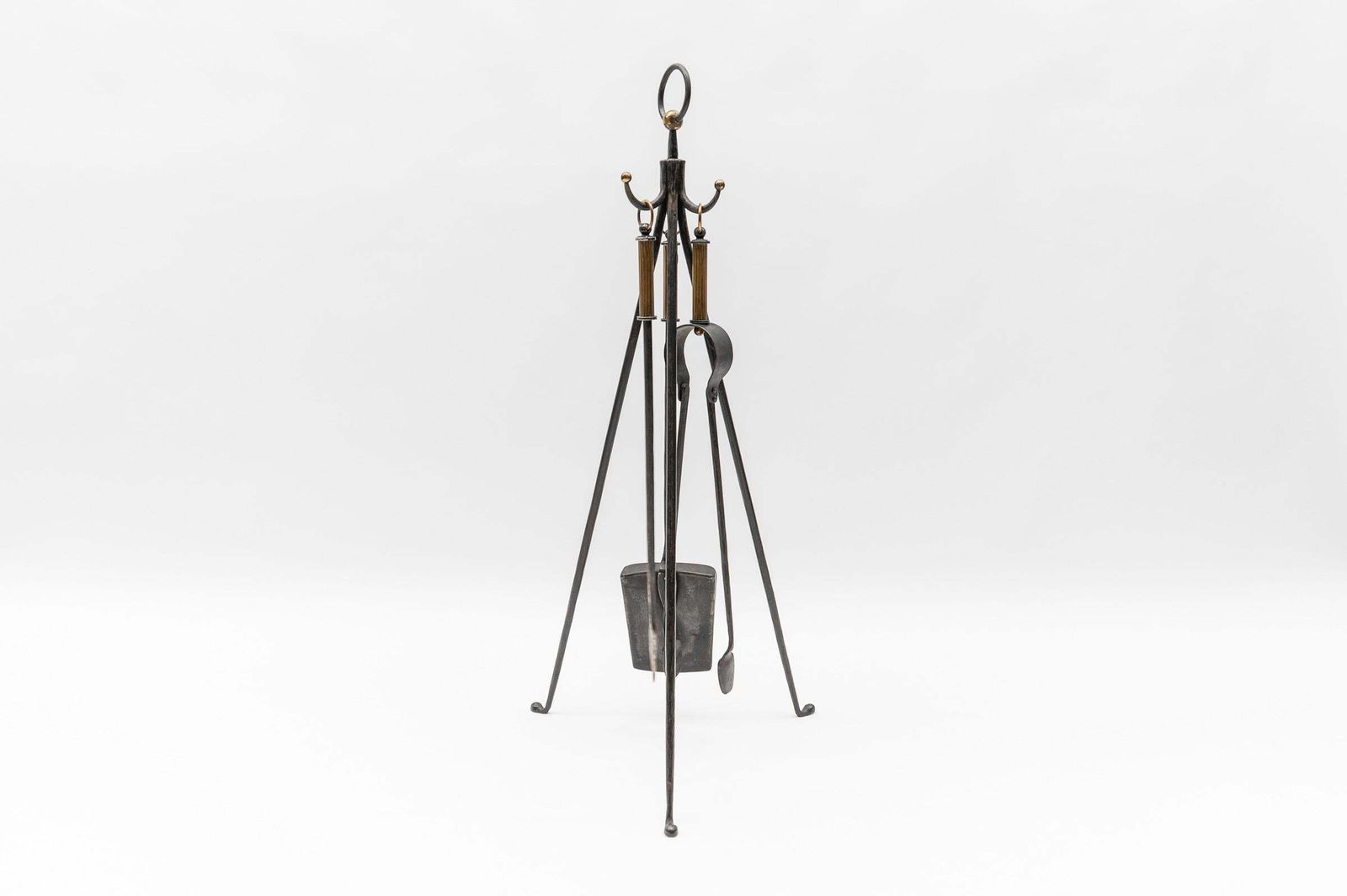 Hand Forged Tripod Iron And Brass Stand With Fireplace Tools, Austria, 1950s photo Home Fixtures