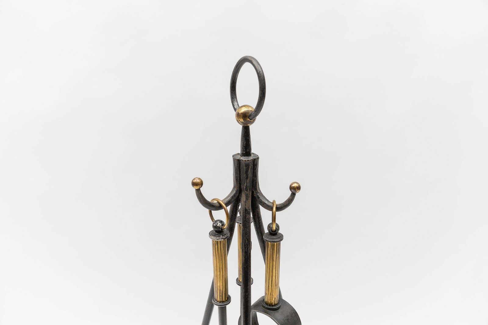Hand Forged Tripod Iron And Brass Stand With Fireplace Tools, Austria, 1950s photo buy