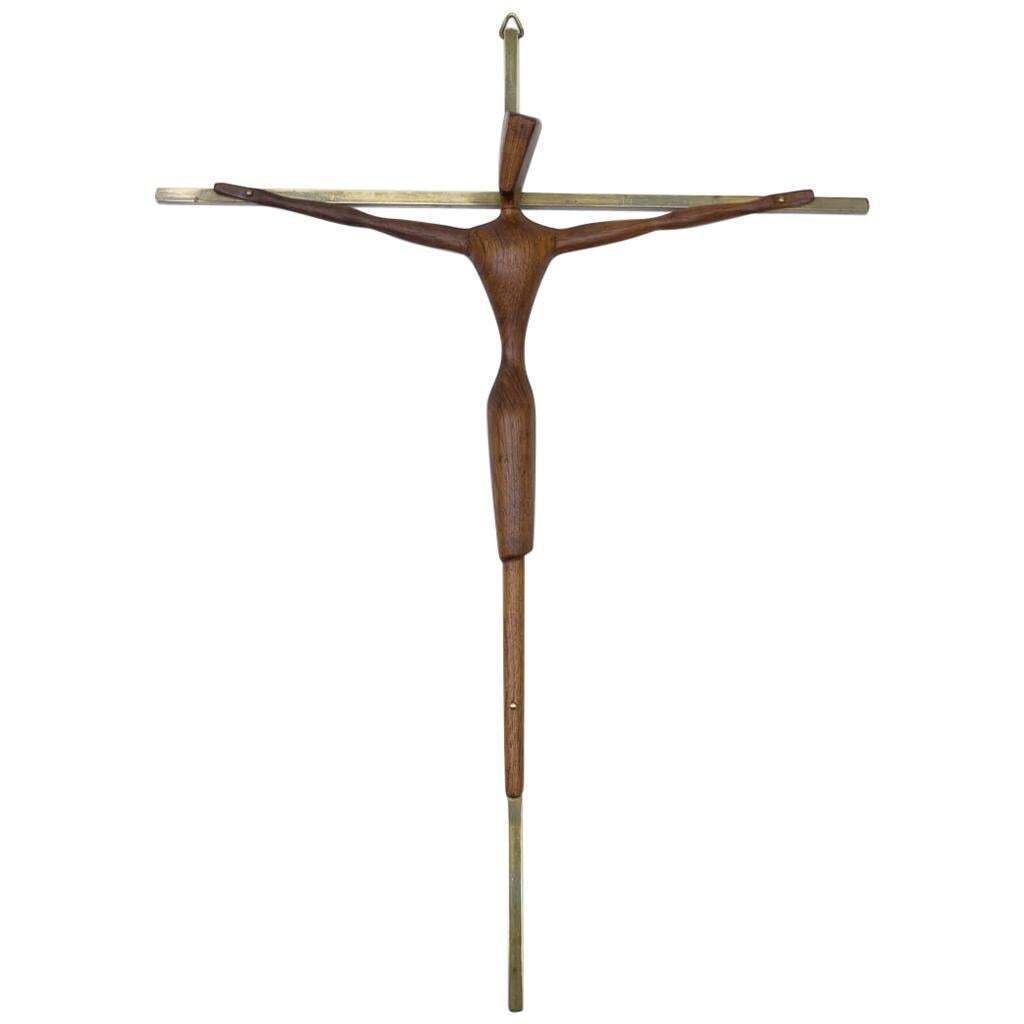 Mid Century Modern Brass Crucifix With An Hand Carved Teak Jesus Sculpture