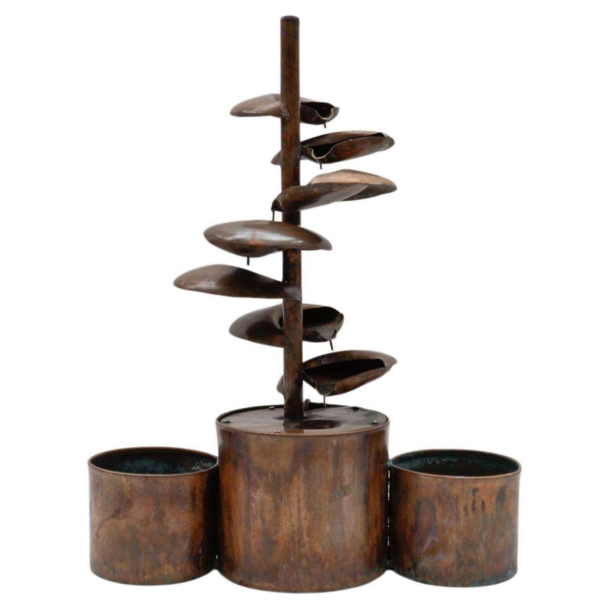 Awesome Electrical Handmade Copper Indoor Fountain With Two Flower, 1960s Italy