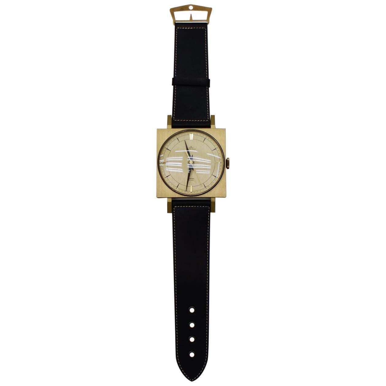 Midcentury Wall Clock In The Form Of A Wristwatch In Leather And Brass, Germany