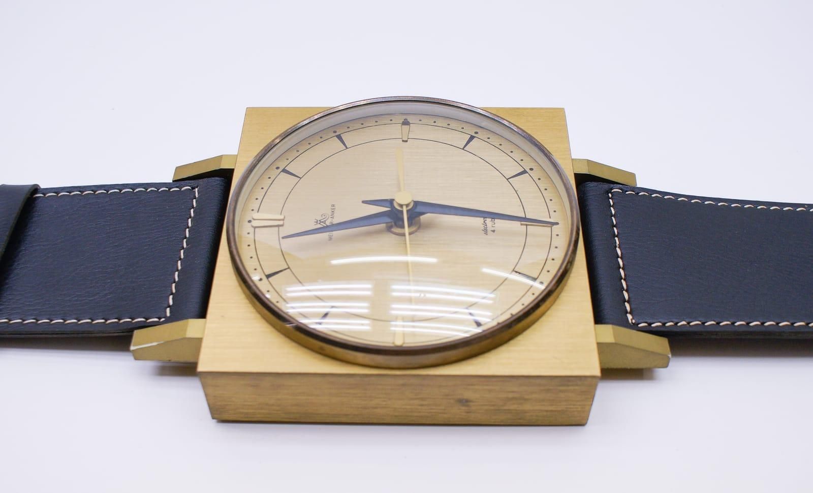Midcentury Wall Clock In The Form Of A Wristwatch In Leather And Brass, Germany photo 382.0