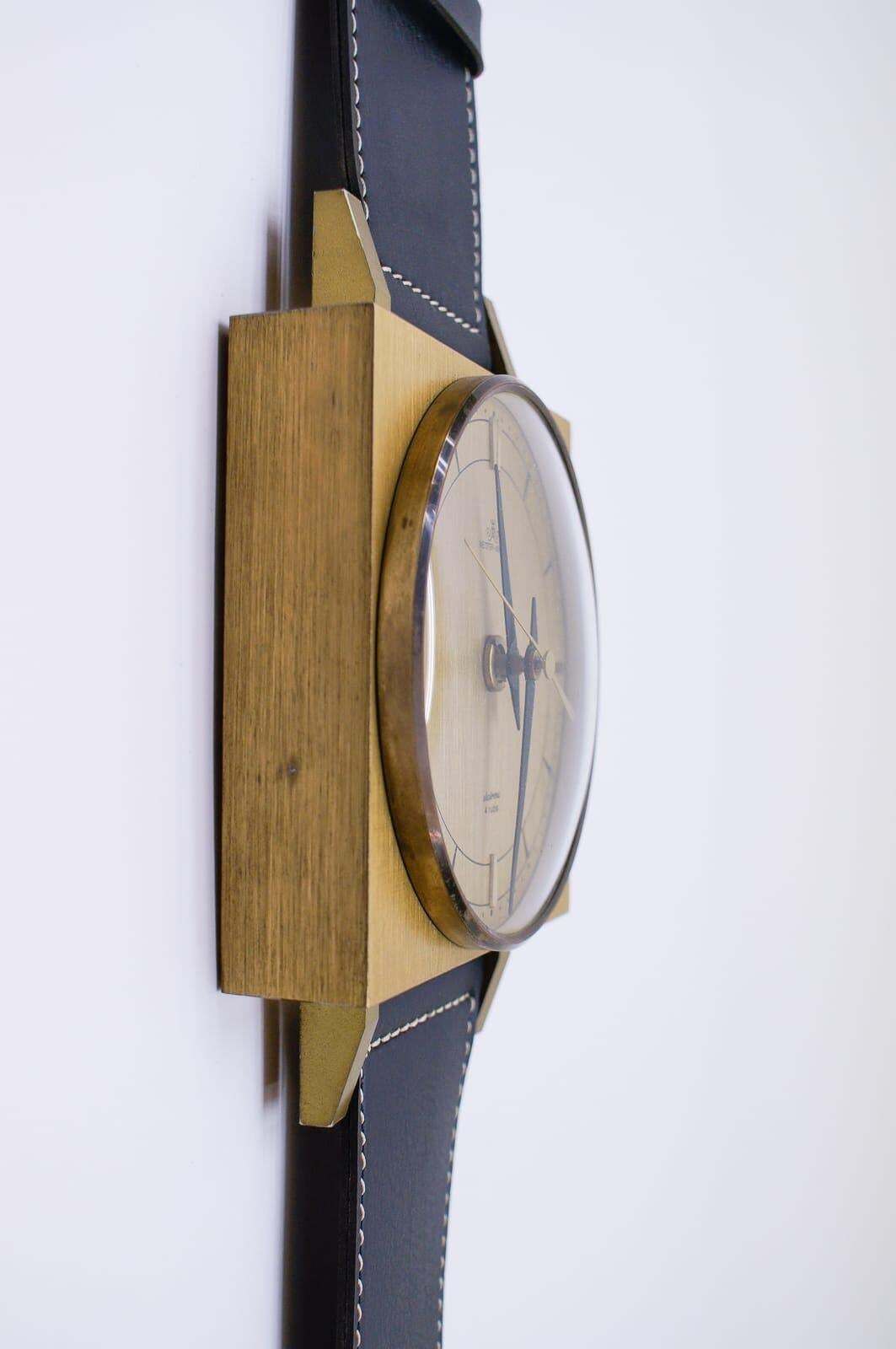 Midcentury Wall Clock In The Form Of A Wristwatch In Leather And Brass, Germany photo vinterior