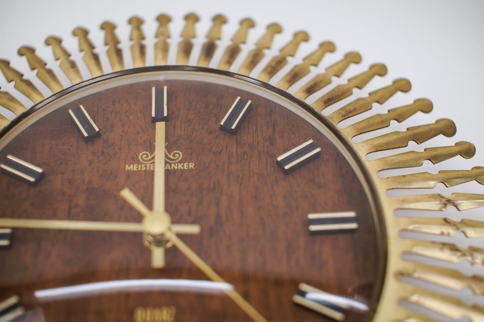 Mid Century Modern Sunburst Wall Clock By Meister Anker In Brass, 1960s Germany photo vintage