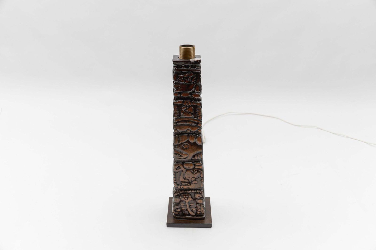 Hand Carved Wooden Mayan Totem Table Lamp By Temde Honduras, Switzerland 1960s photo vintage