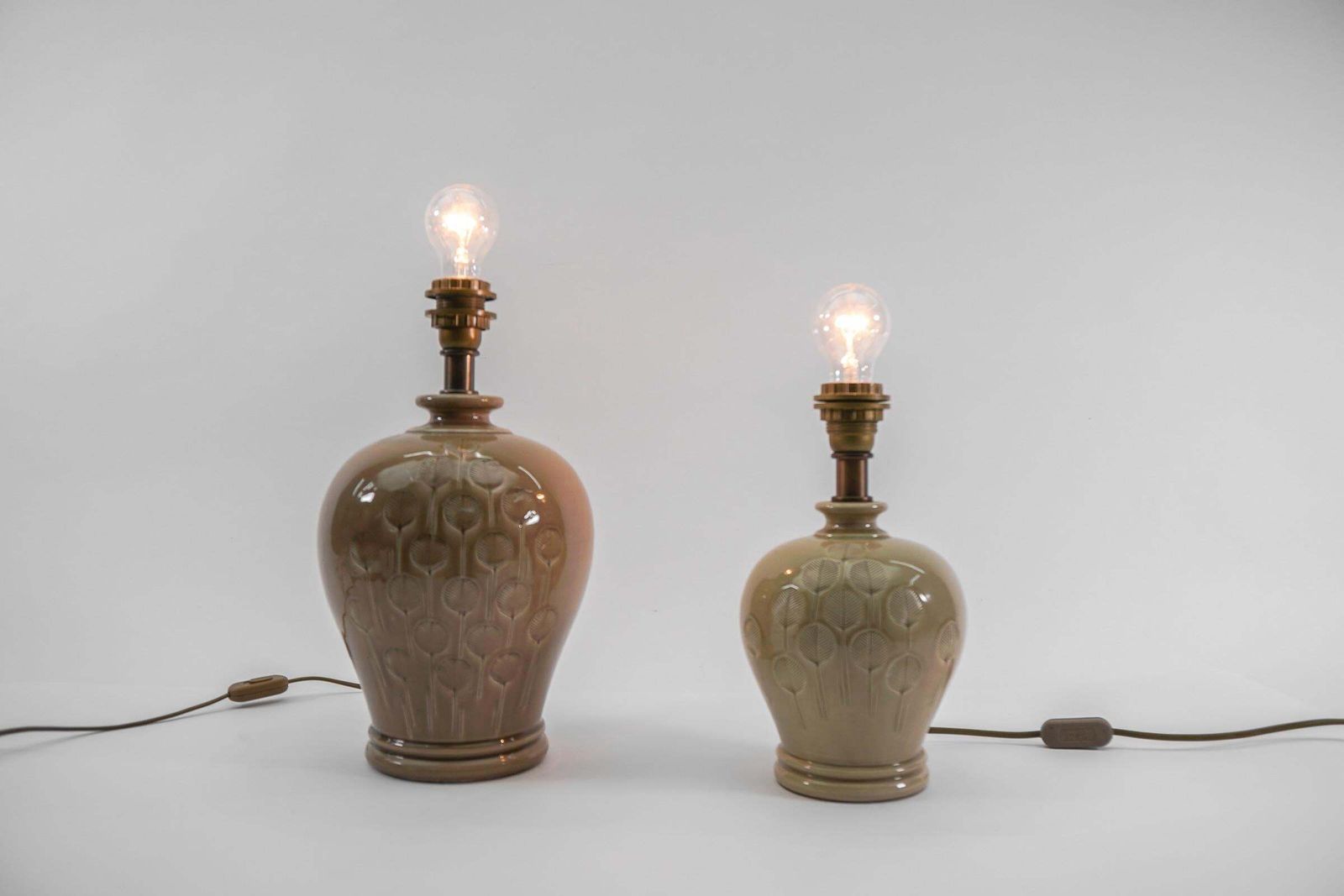 Two Scandinavian Ceramic Table Lamps With Great Leaf Pattern, 1960s photo Lighting