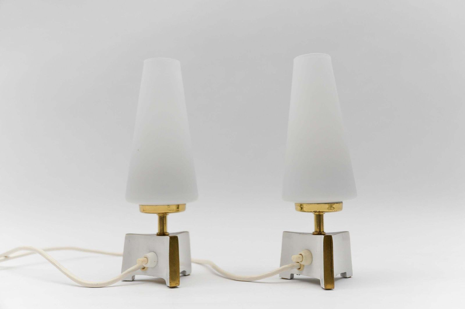 Petite Mid Century Modern Massive Brass And Opaline Glass Table Lamps, 1950s photo Lighting